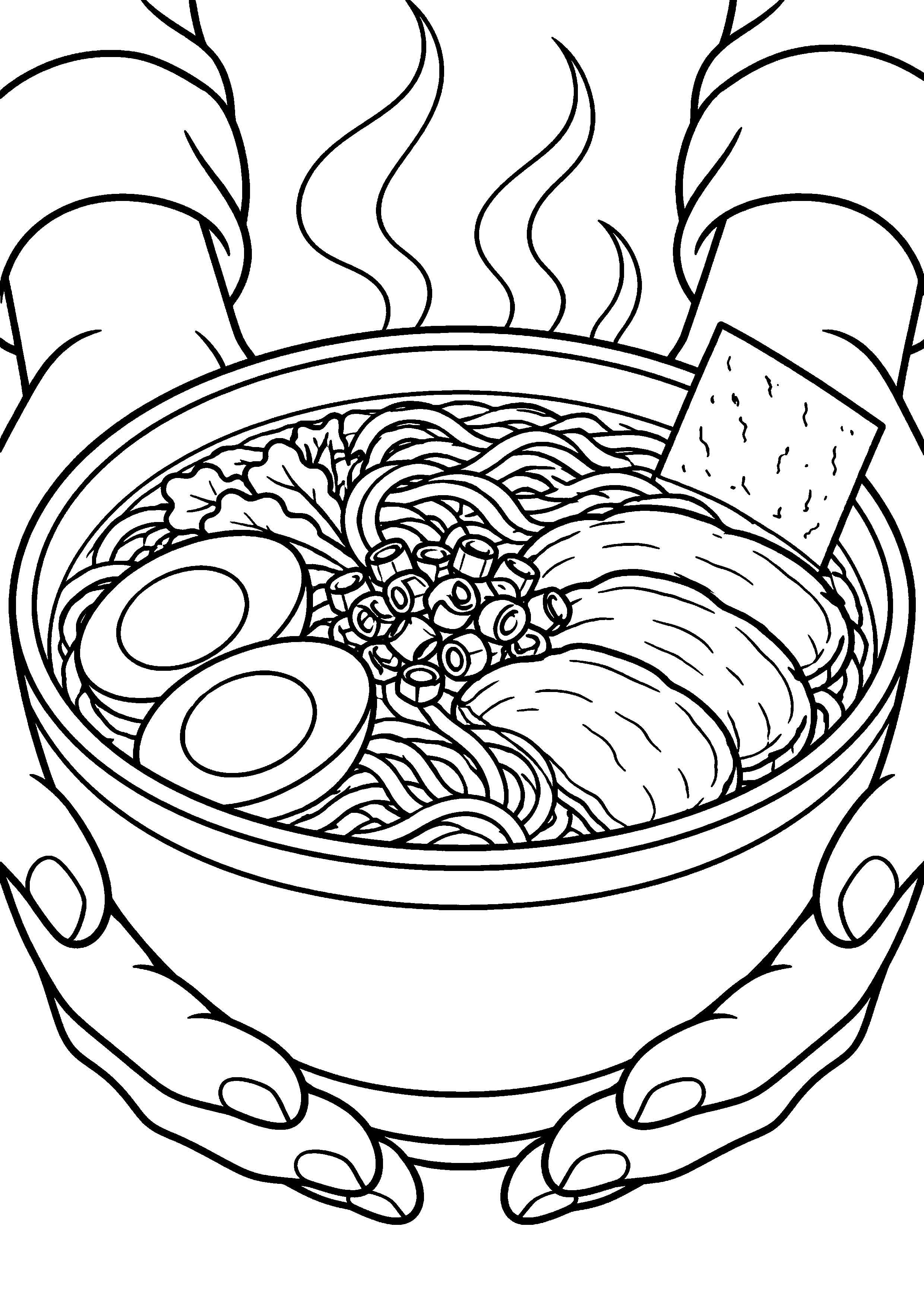 Grand coloriage d’un bol de ramen dans une composition de repas, contours noirs nets sur fond blanc