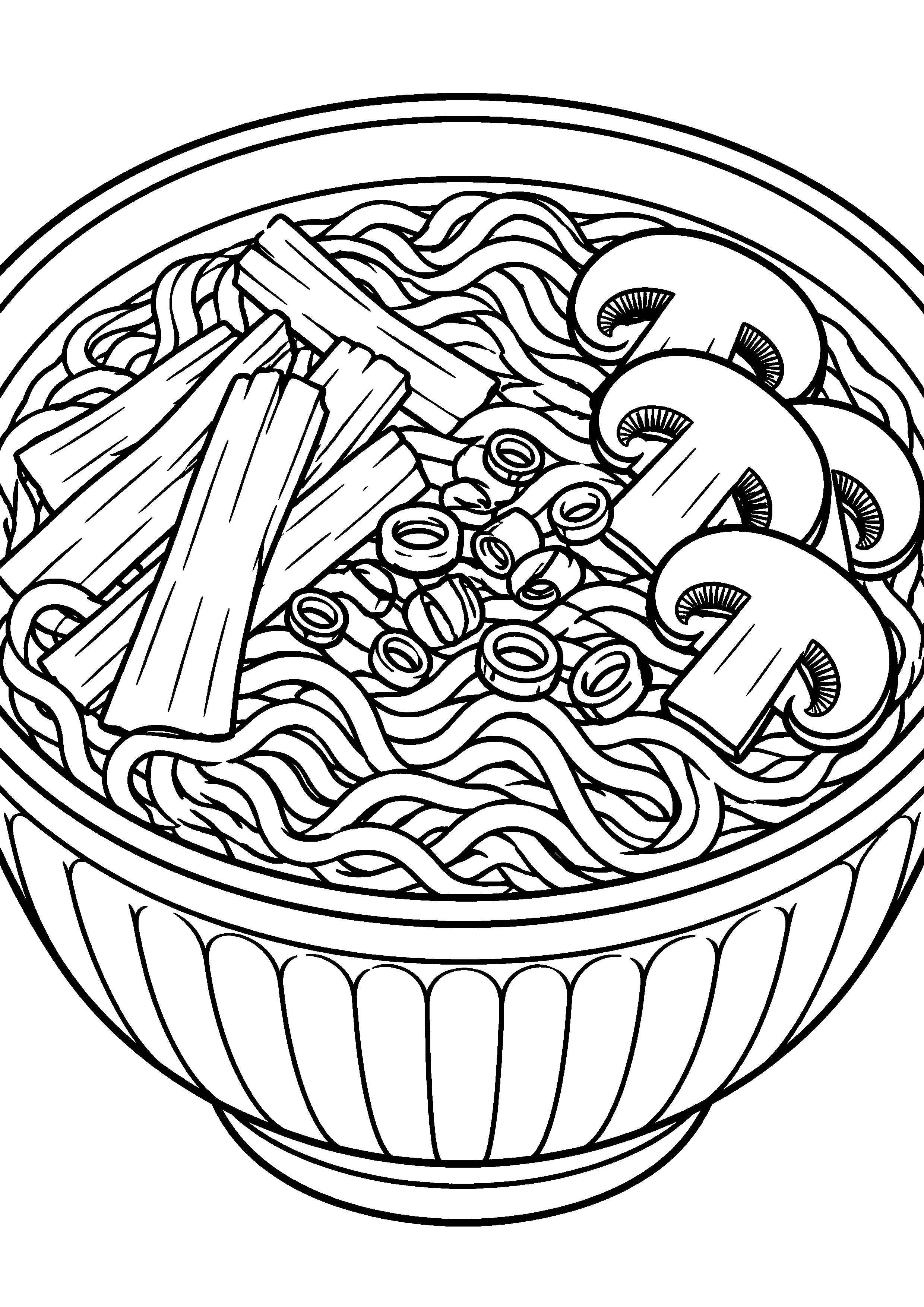 Grand coloriage d’un bol de ramen en version kawaii originale, contours noirs nets sur fond blanc