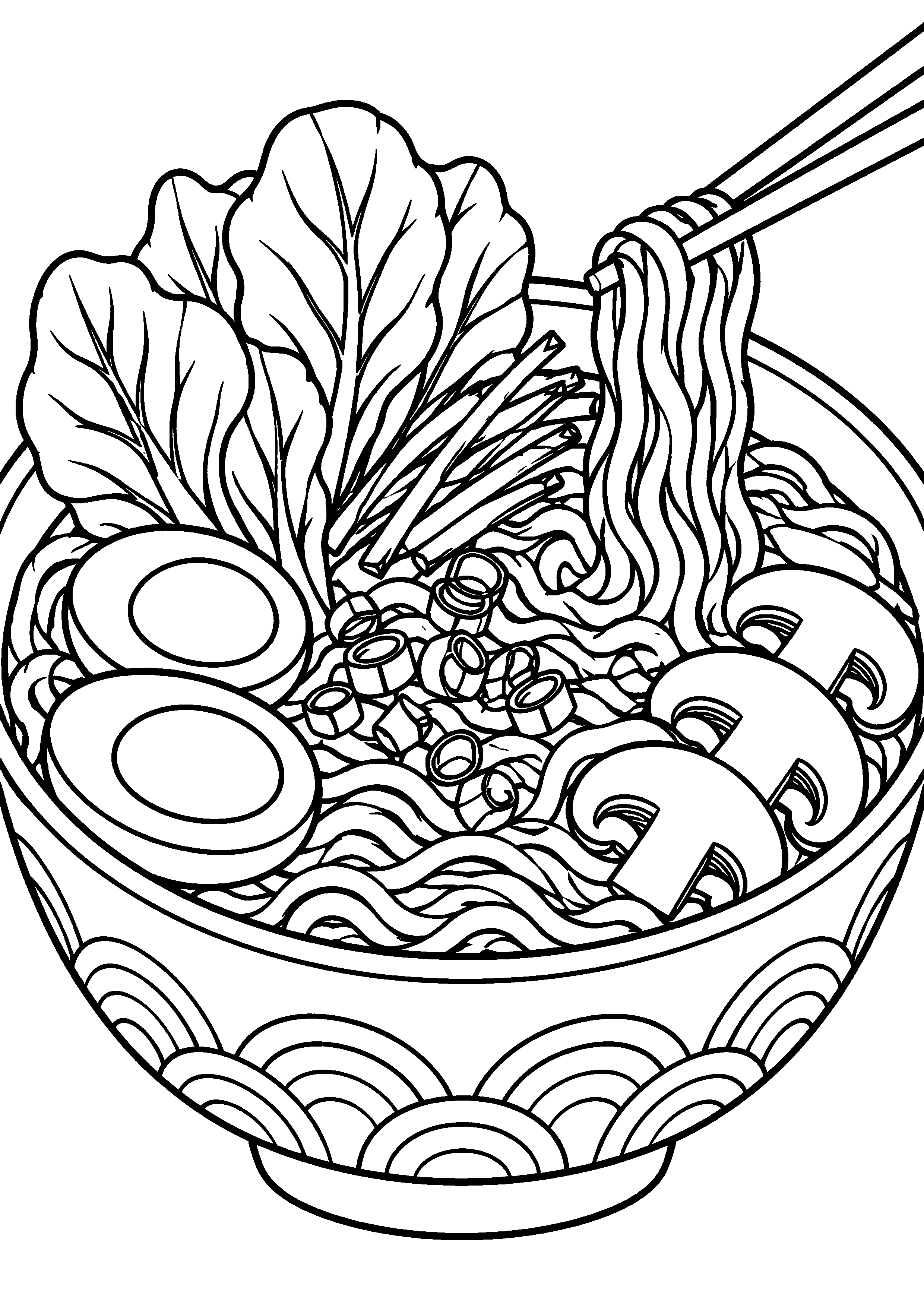 Grand coloriage d’un bol de ramen en bol-personnage souriant original, contours noirs nets sur fond blanc