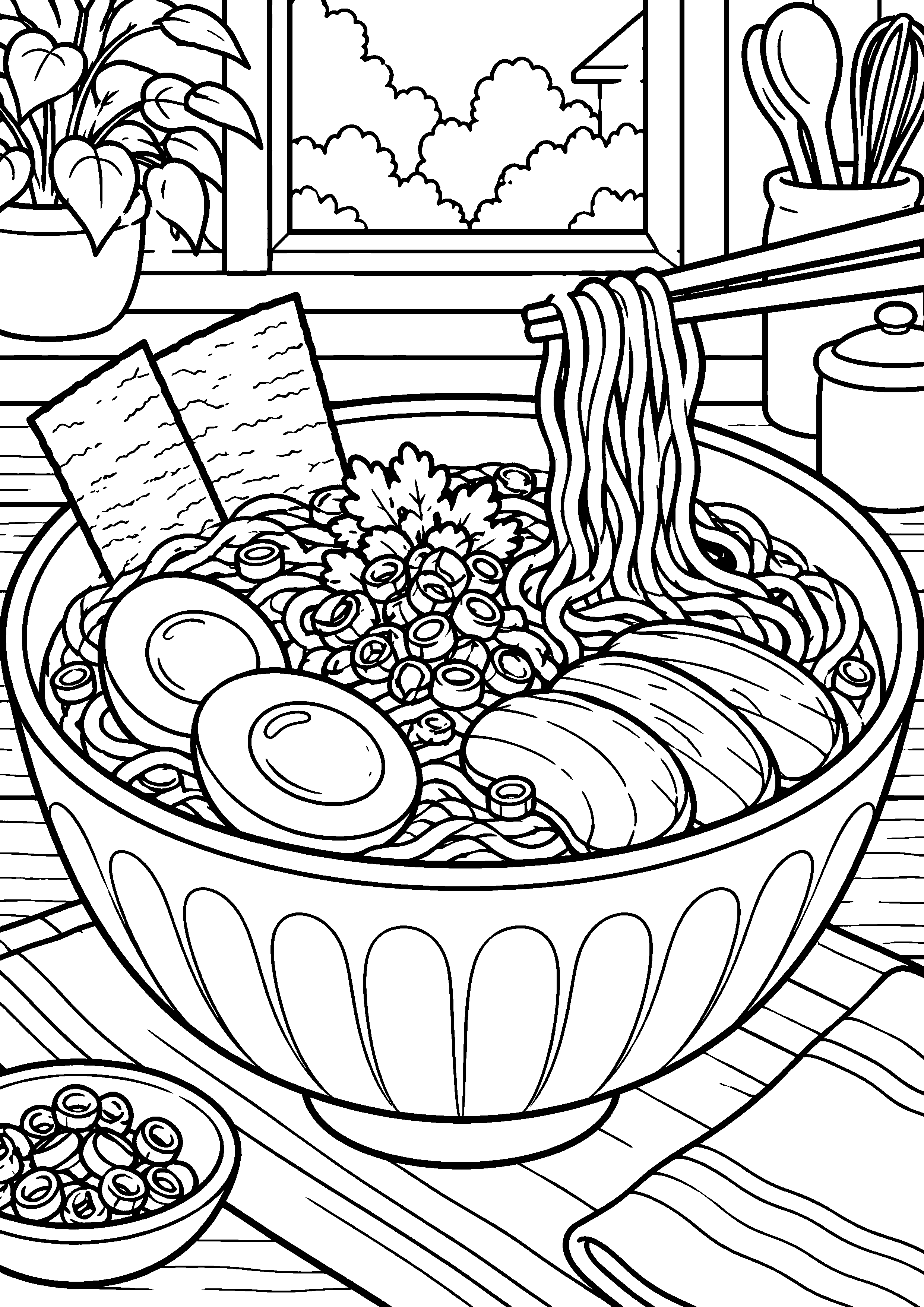 Grand coloriage d’un bol de ramen avec de nombreuses garnitures lisibles, contours noirs nets sur fond blanc