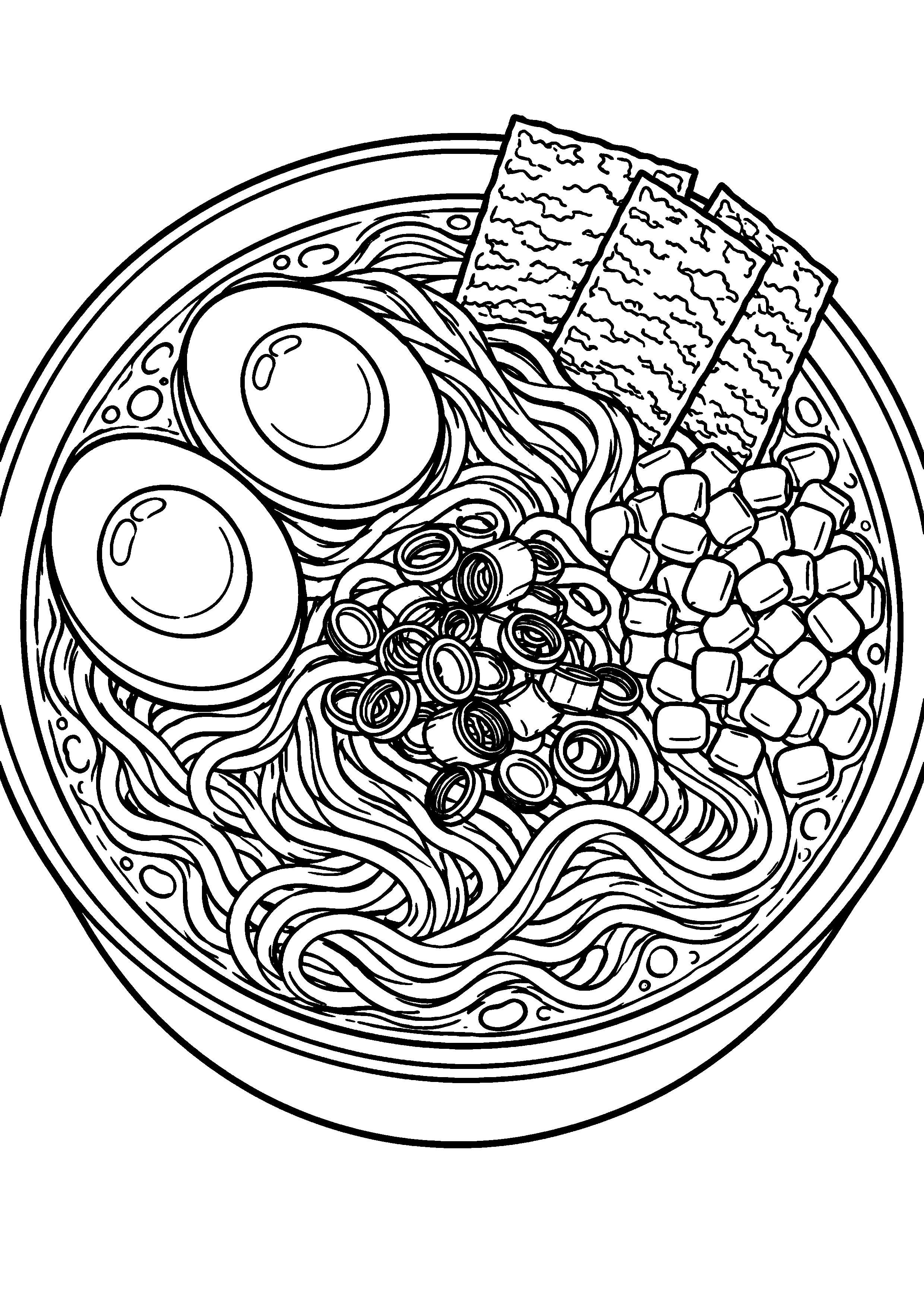 Grand coloriage d’un bol de ramen vu du dessus avec œufs, tofu, maïs et garnitures, contours noirs nets sur fond blanc