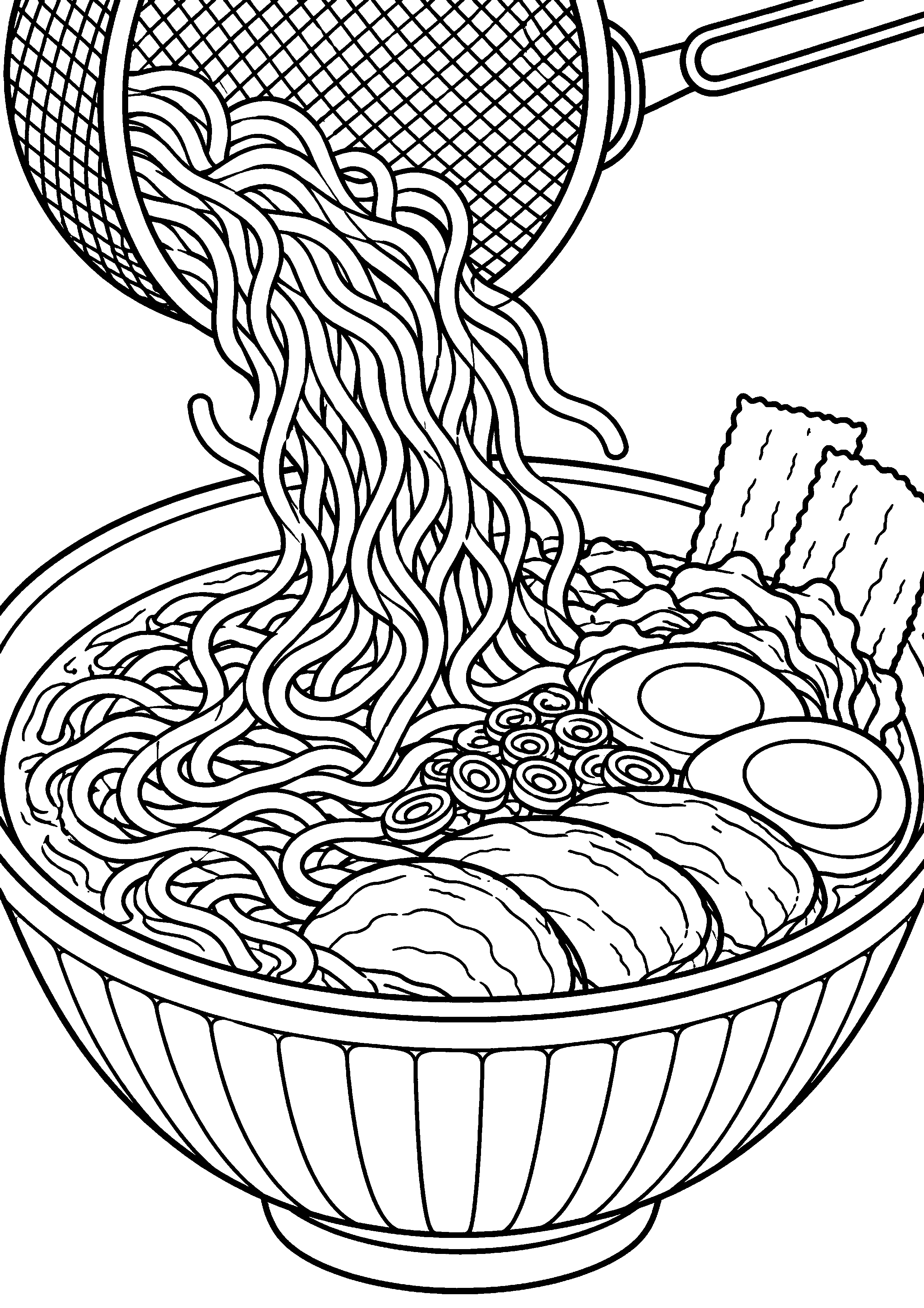 Grand coloriage d’un bol de ramen dans une présentation festive, contours noirs nets sur fond blanc