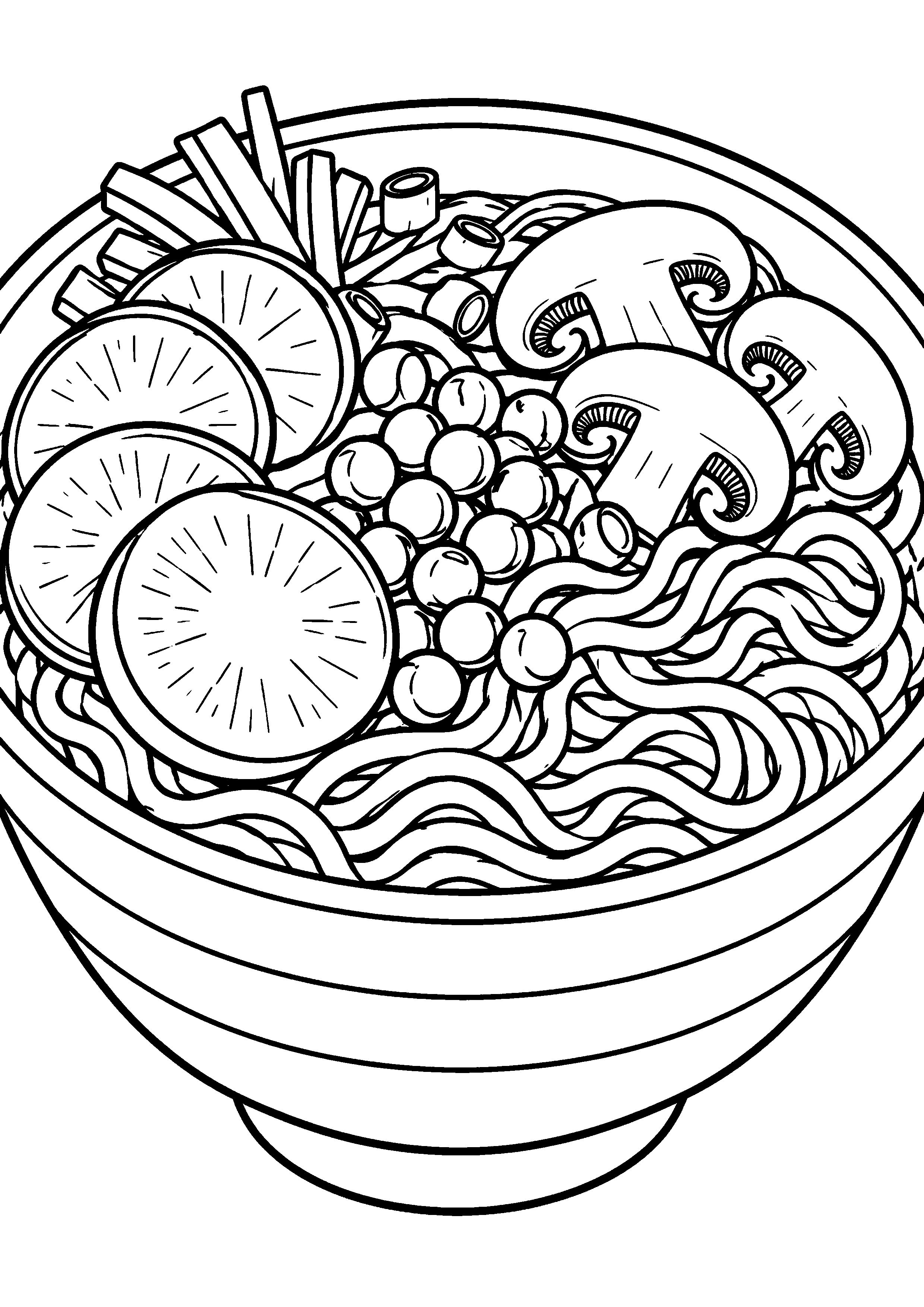 Grand coloriage d’un bol de ramen en version facile aux grandes zones, contours noirs nets sur fond blanc
