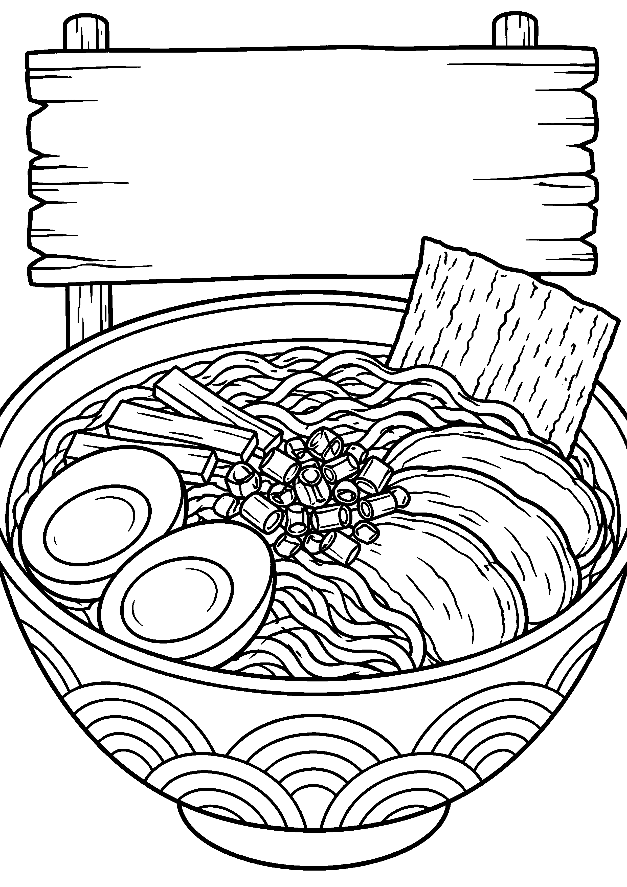 Grand coloriage d’un bol de ramen vu d’en bas pour mettre le bol en valeur, contours noirs nets sur fond blanc