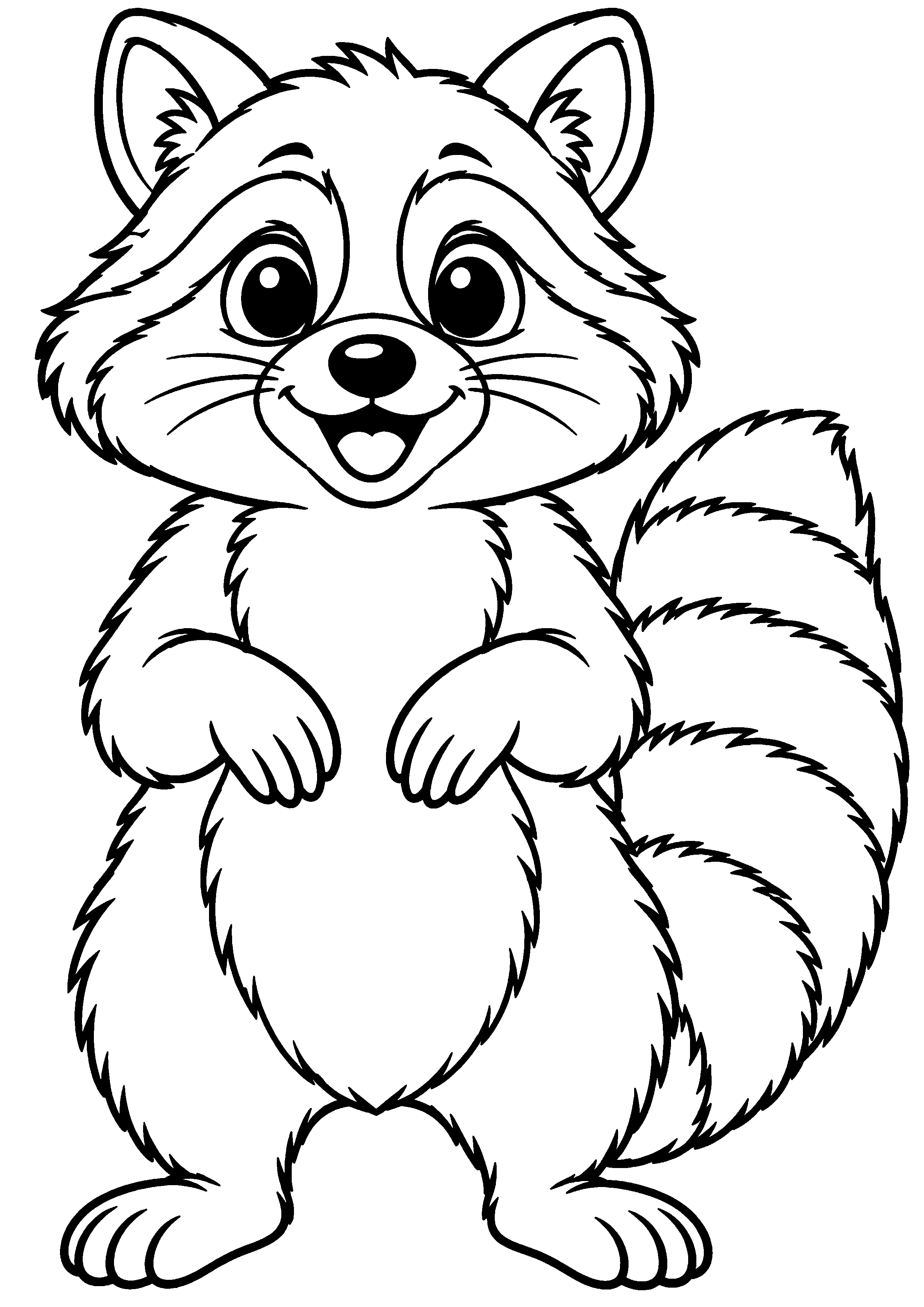 Grand coloriage d’un raton laveur en grand portrait de face au regard éveillé, contours noirs nets sur fond blanc