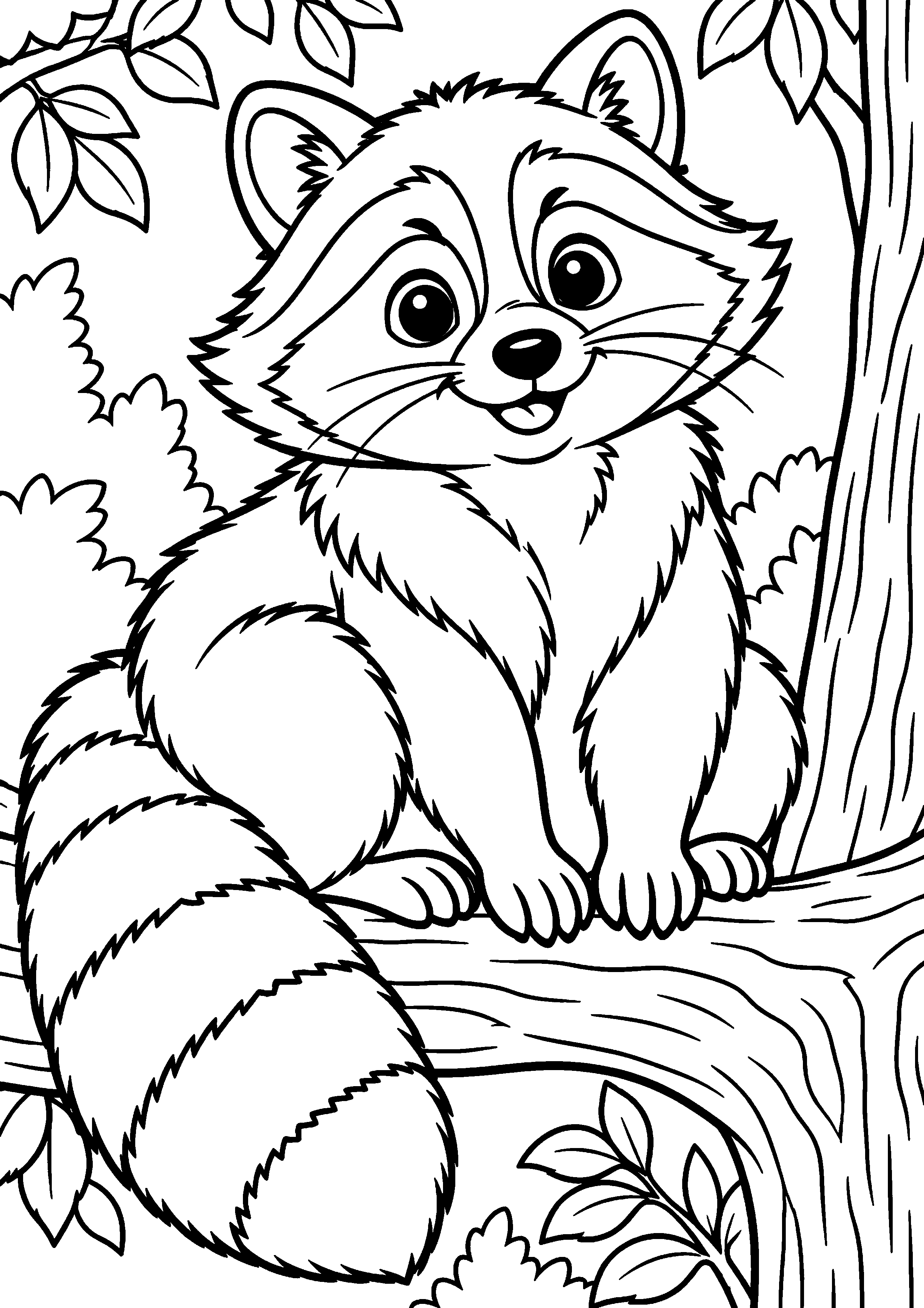 Grand coloriage d’un raton laveur de profil marchant dans son habitat, contours noirs nets sur fond blanc