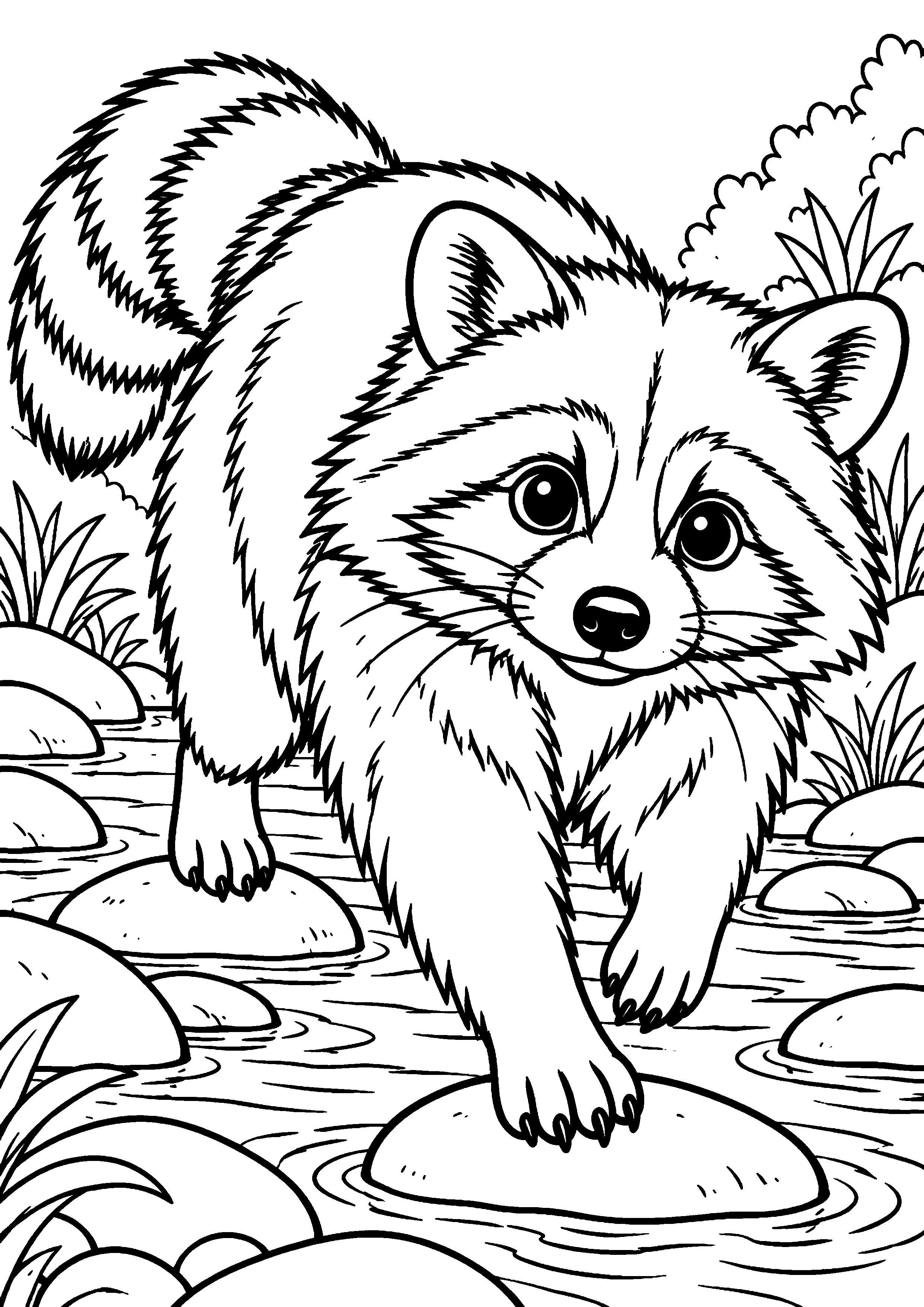 Grand coloriage d’un raton laveur assis sur une large souche, contours noirs nets sur fond blanc