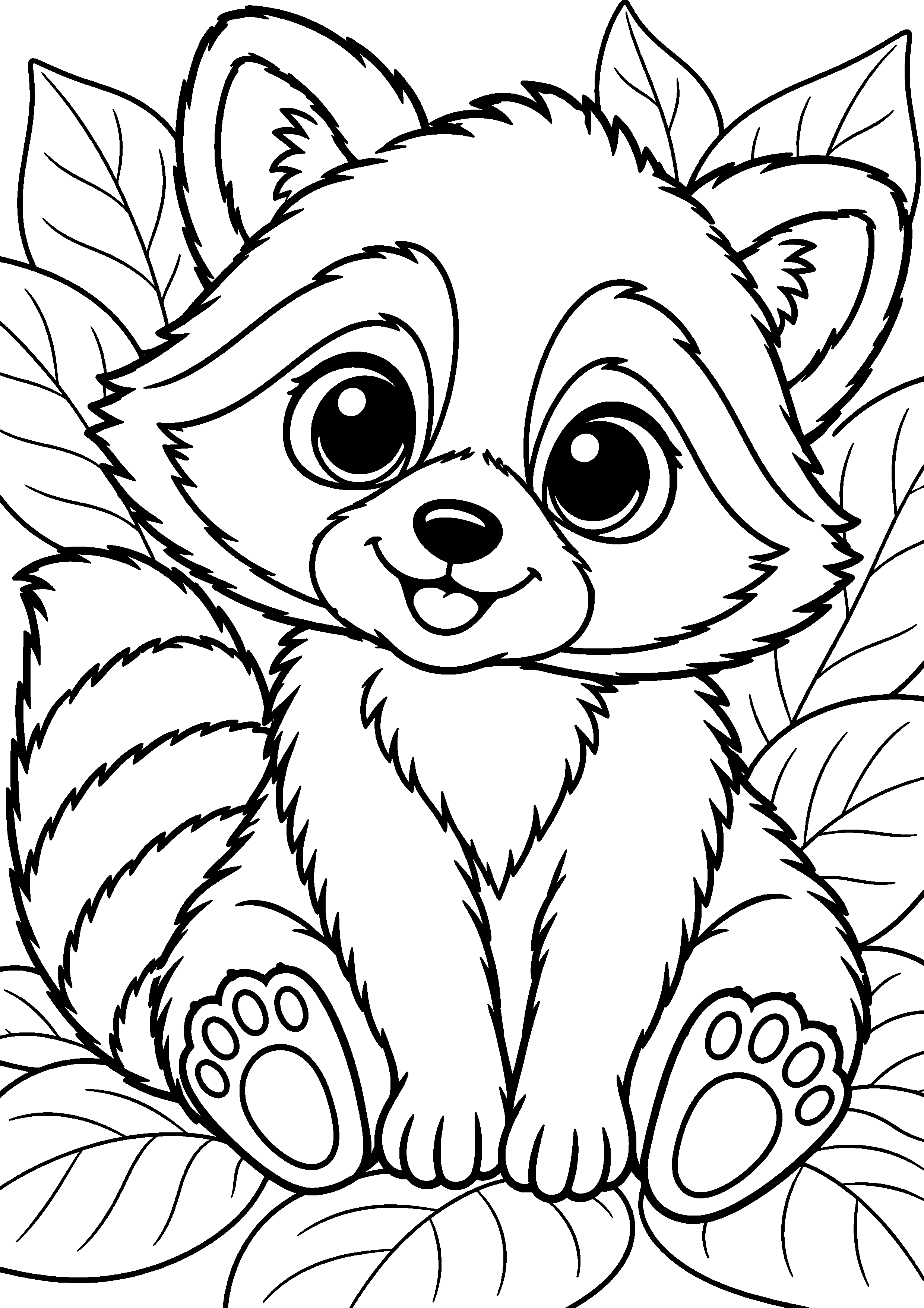 Grand coloriage d’un raton laveur bébé découvrant une grande feuille, contours noirs nets sur fond blanc