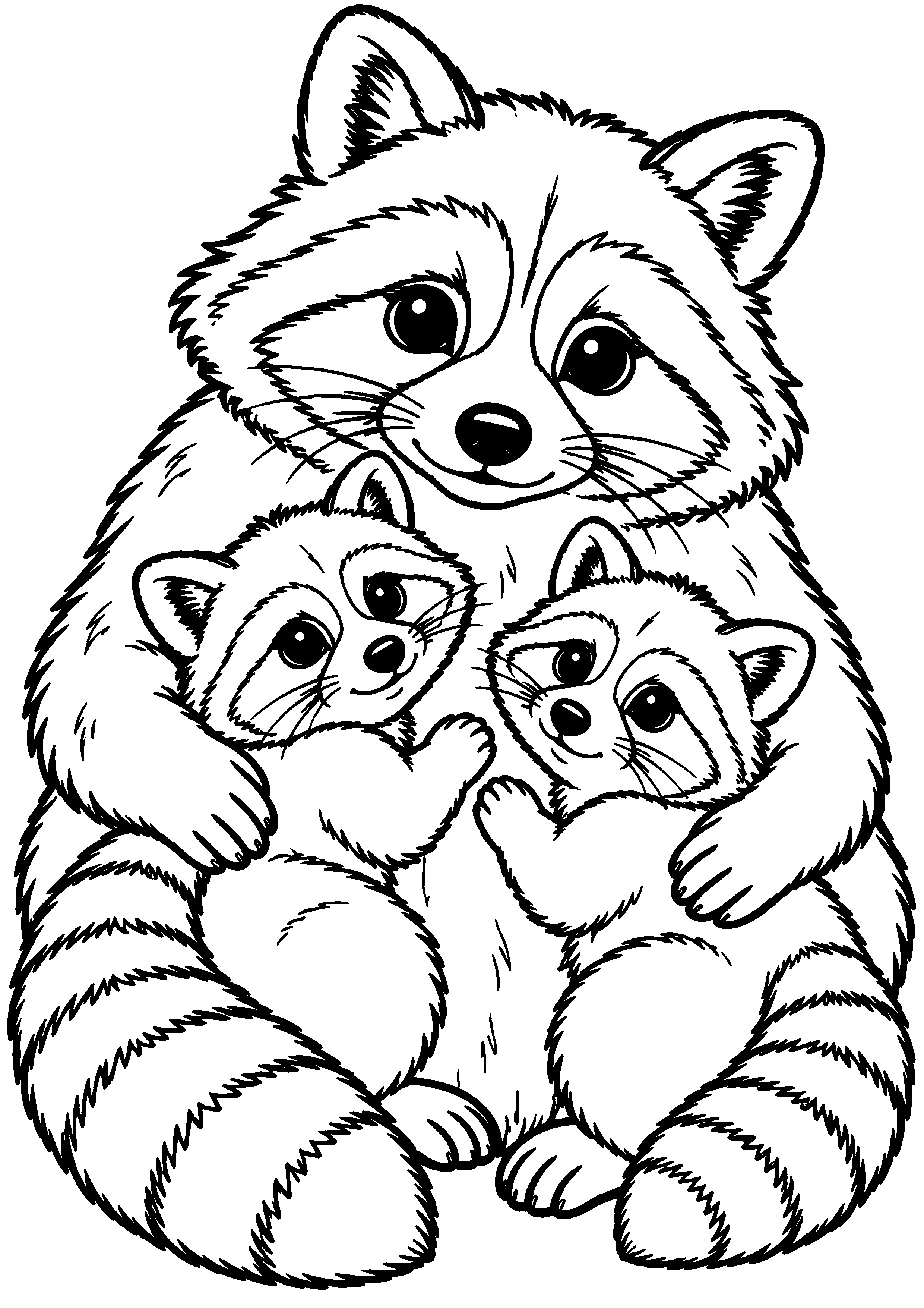 Grand coloriage d’un raton laveur parent et petit blottis l’un contre l’autre, contours noirs nets sur fond blanc