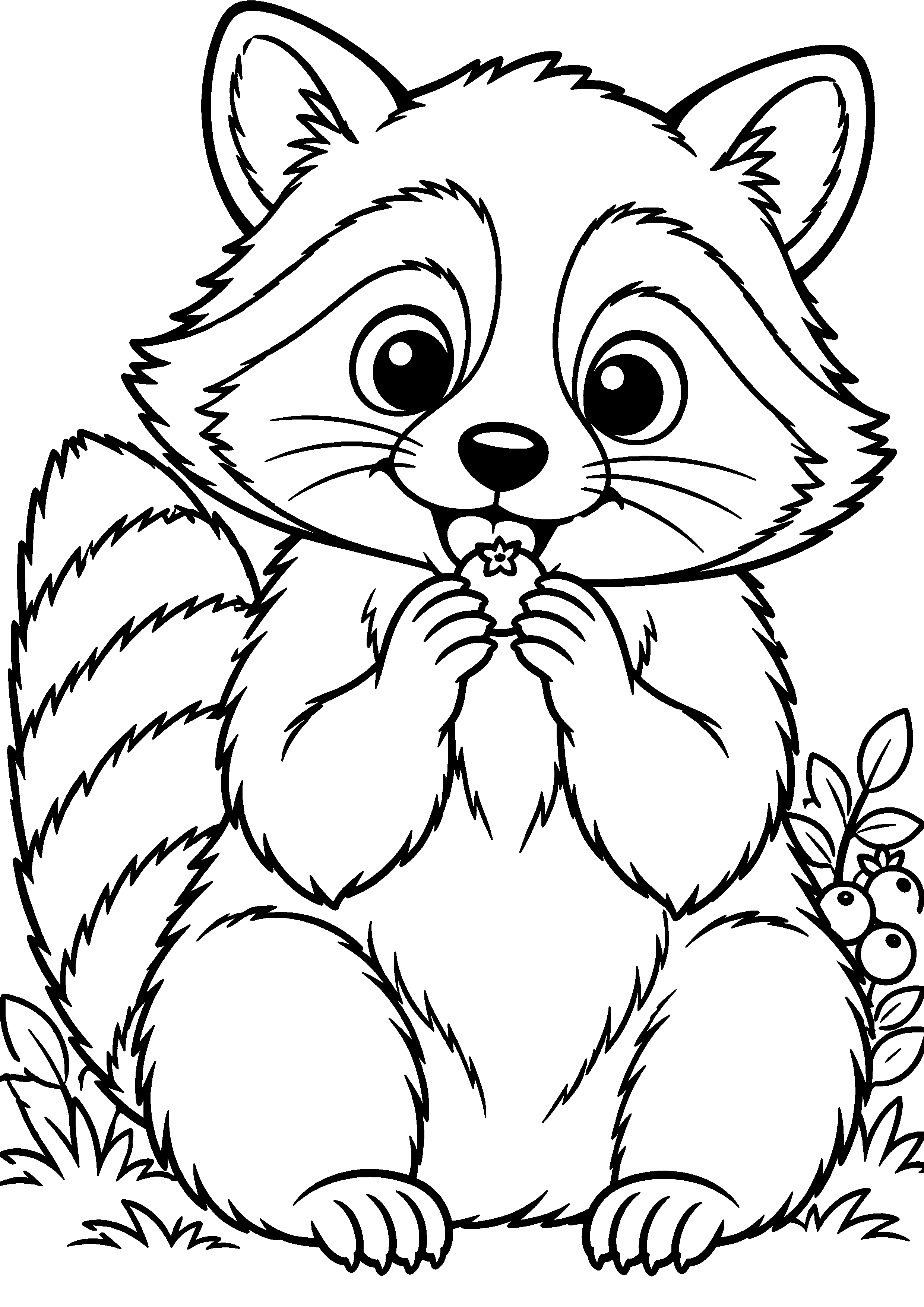 Grand coloriage d’un raton laveur en famille de trois dans son habitat, contours noirs nets sur fond blanc