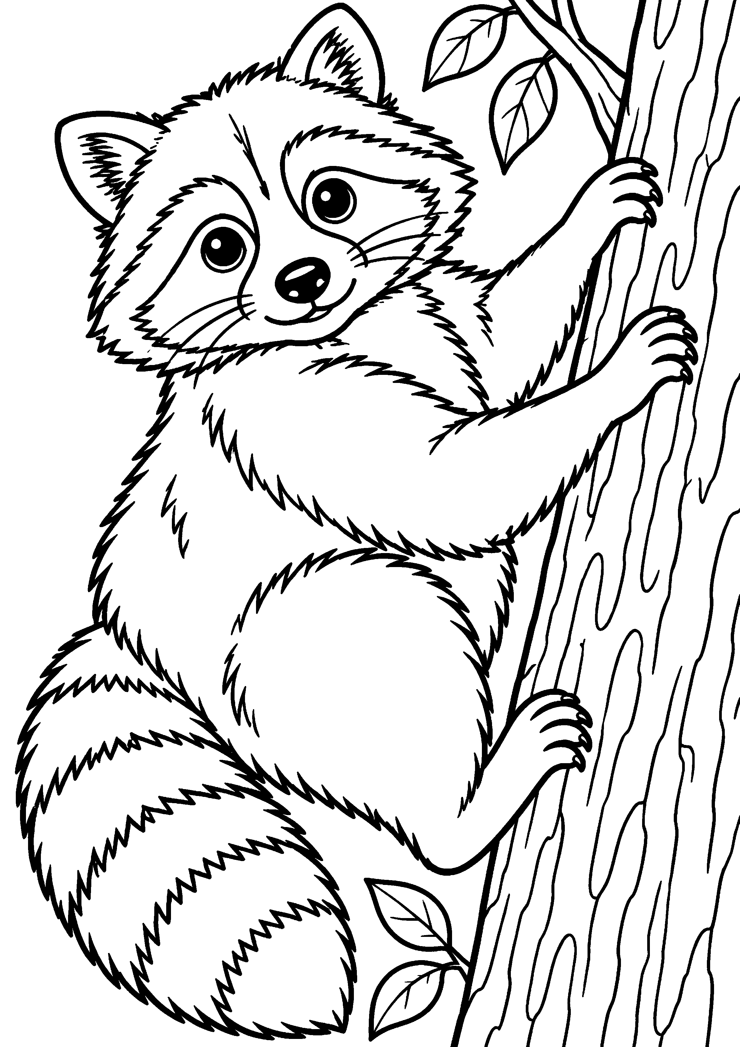 Grand coloriage d’un raton laveur mangeant sa nourriture naturelle, contours noirs nets sur fond blanc