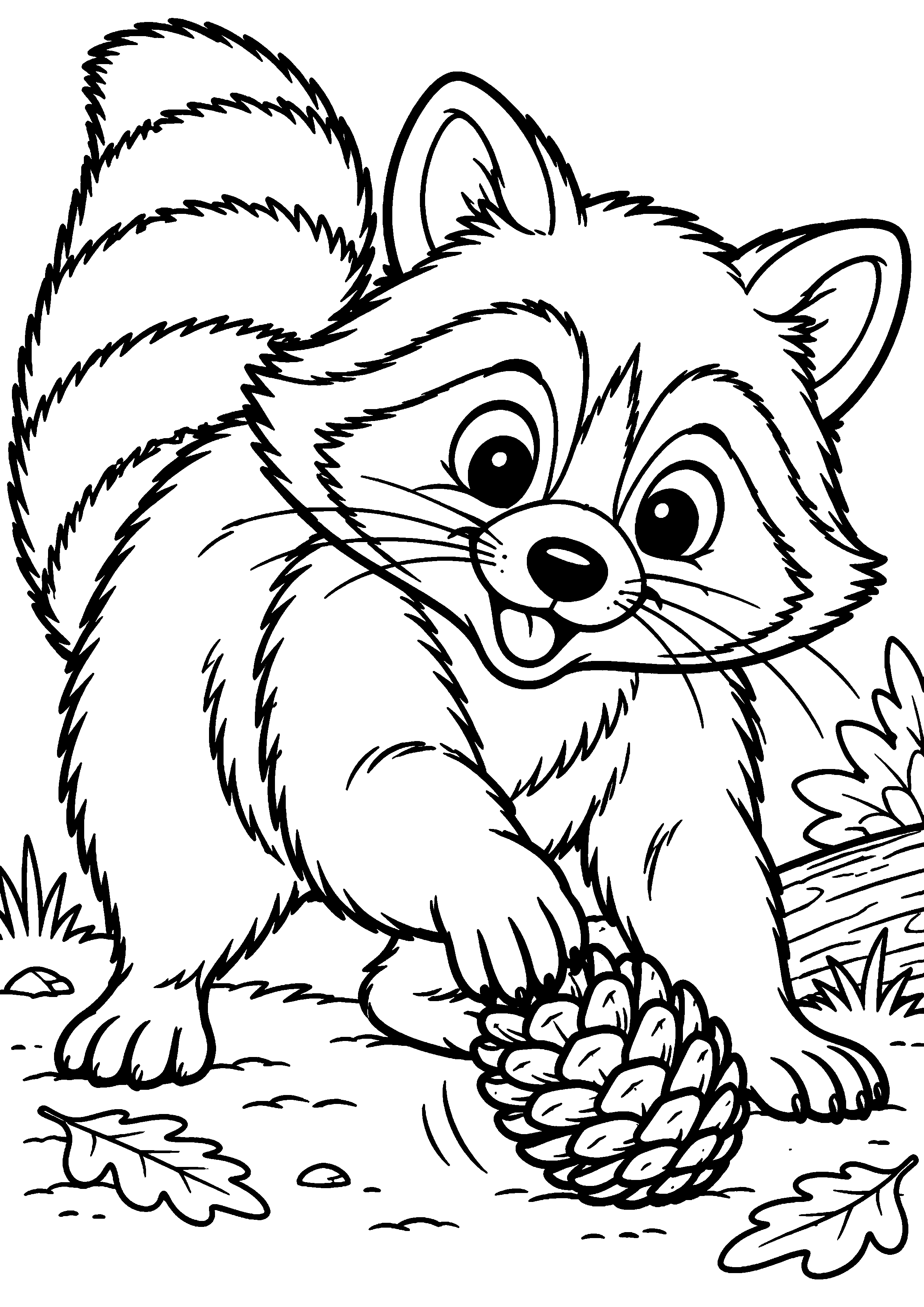 Grand coloriage d’un raton laveur buvant au bord d’un ruisseau, contours noirs nets sur fond blanc