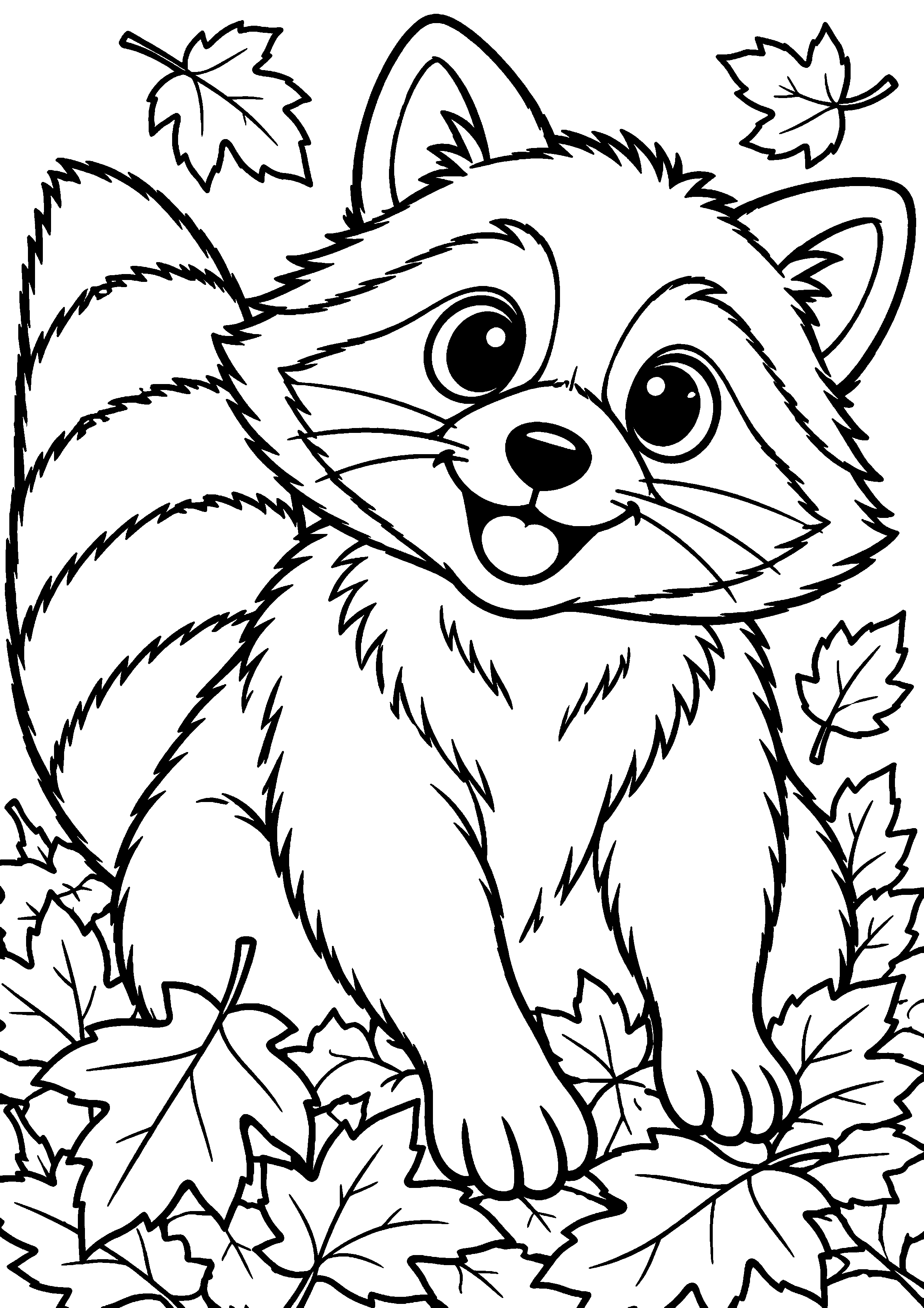 Grand coloriage d’un raton laveur jouant avec une branche, contours noirs nets sur fond blanc