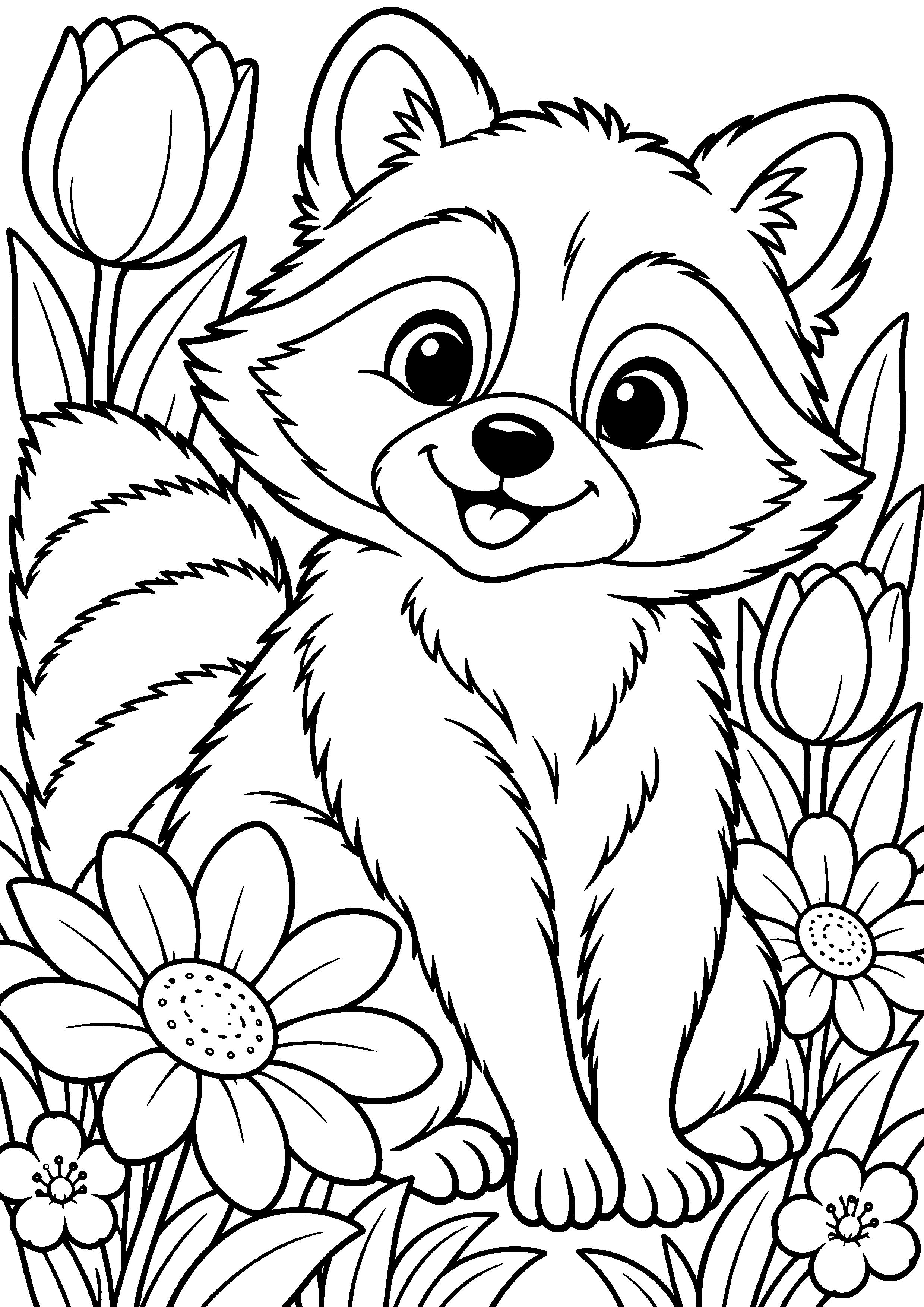 Grand coloriage d’un raton laveur courant dans une clairière, contours noirs nets sur fond blanc