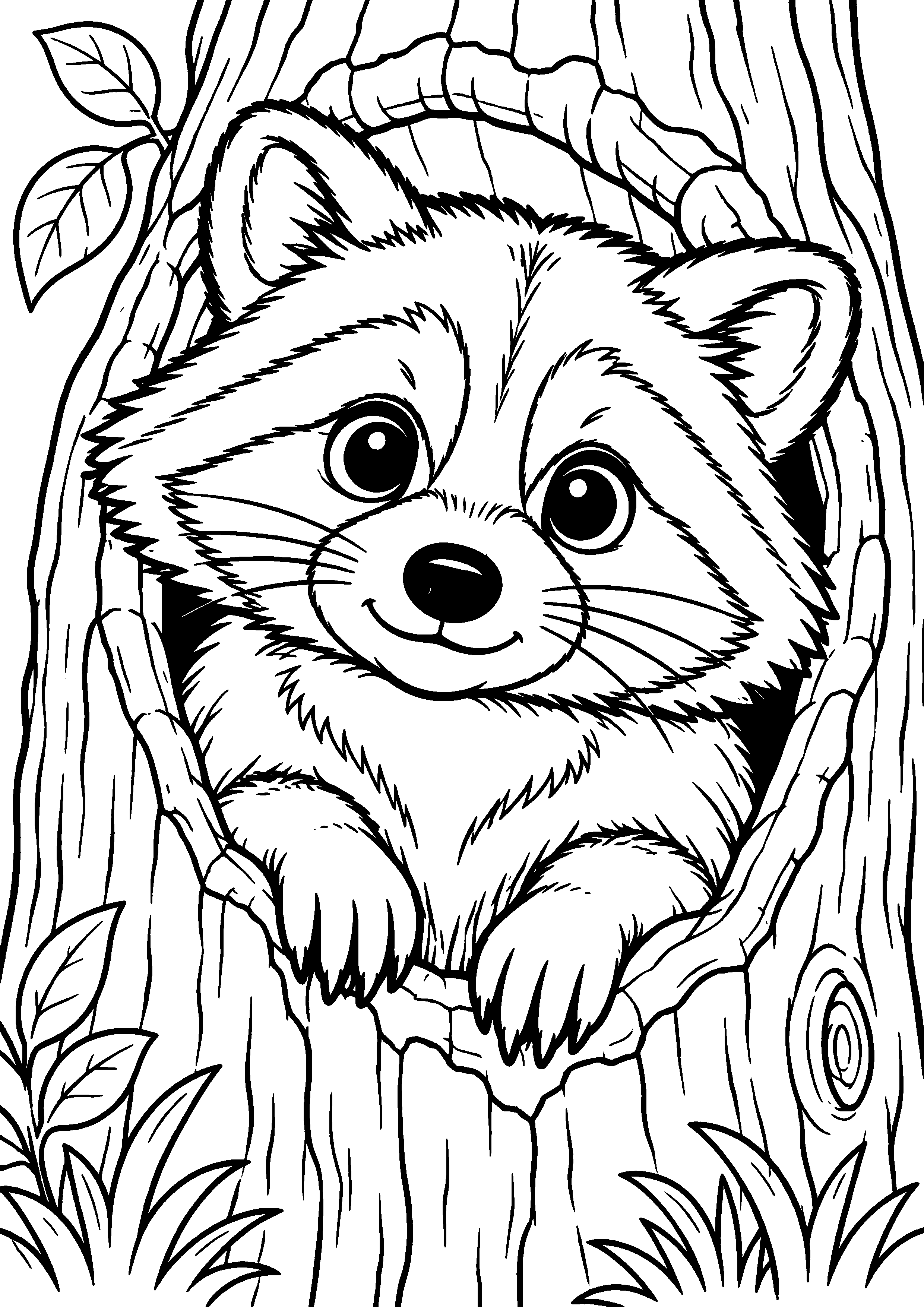 Grand coloriage d’un raton laveur se reposant sous un arbre, contours noirs nets sur fond blanc
