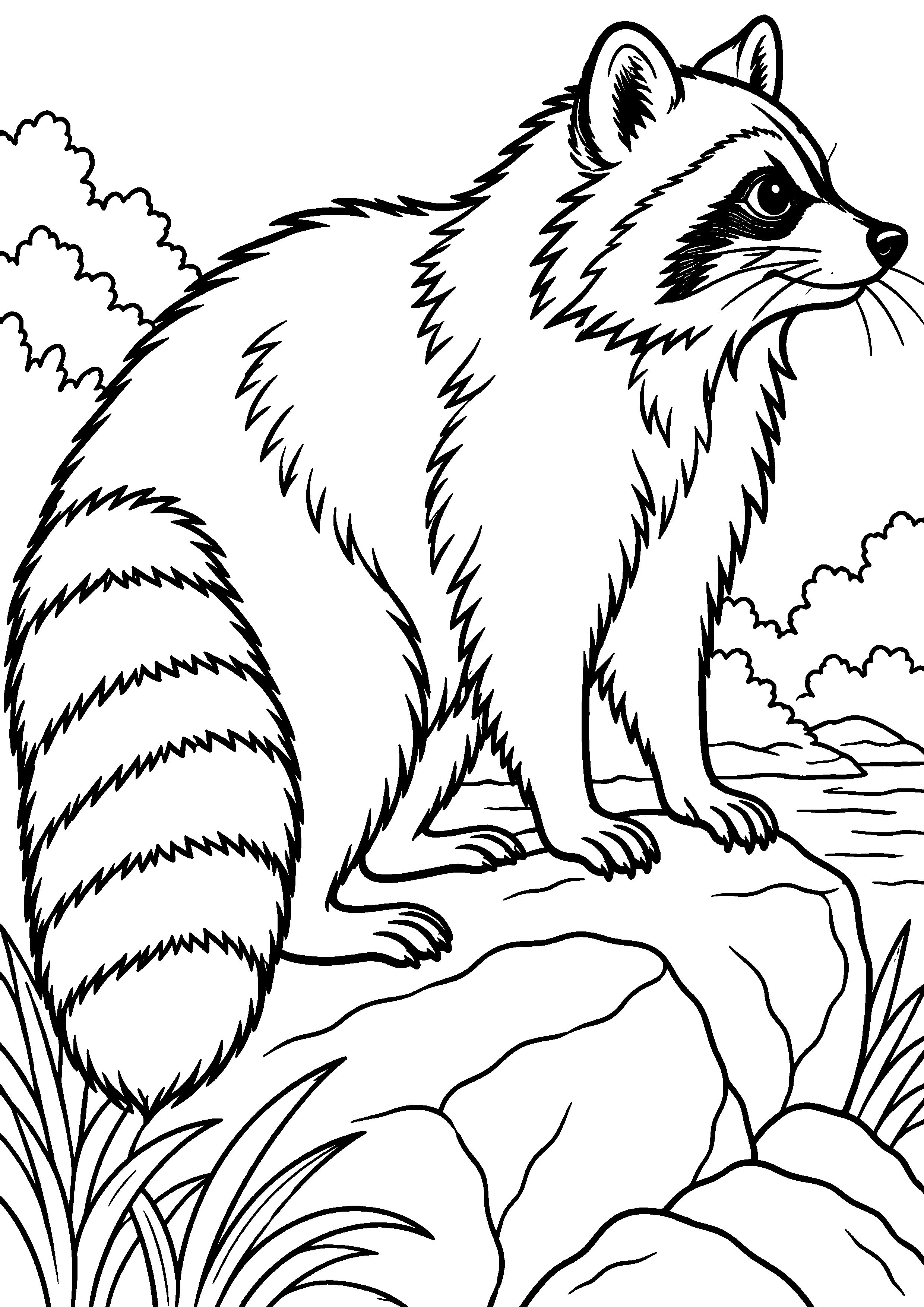 Grand coloriage d’un raton laveur observant un papillon, contours noirs nets sur fond blanc