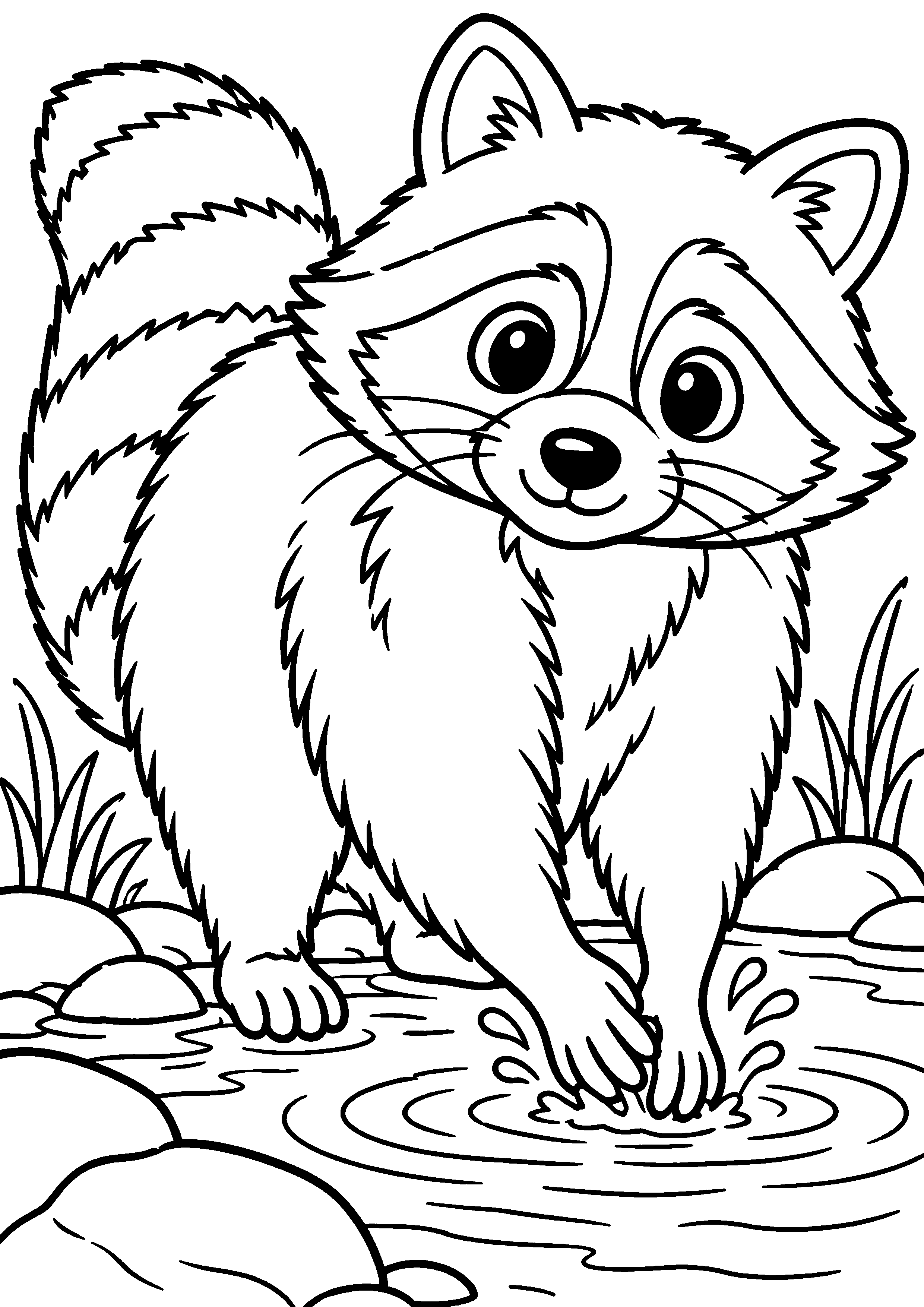 Grand coloriage d’un raton laveur au milieu de grandes feuilles d’automne, contours noirs nets sur fond blanc