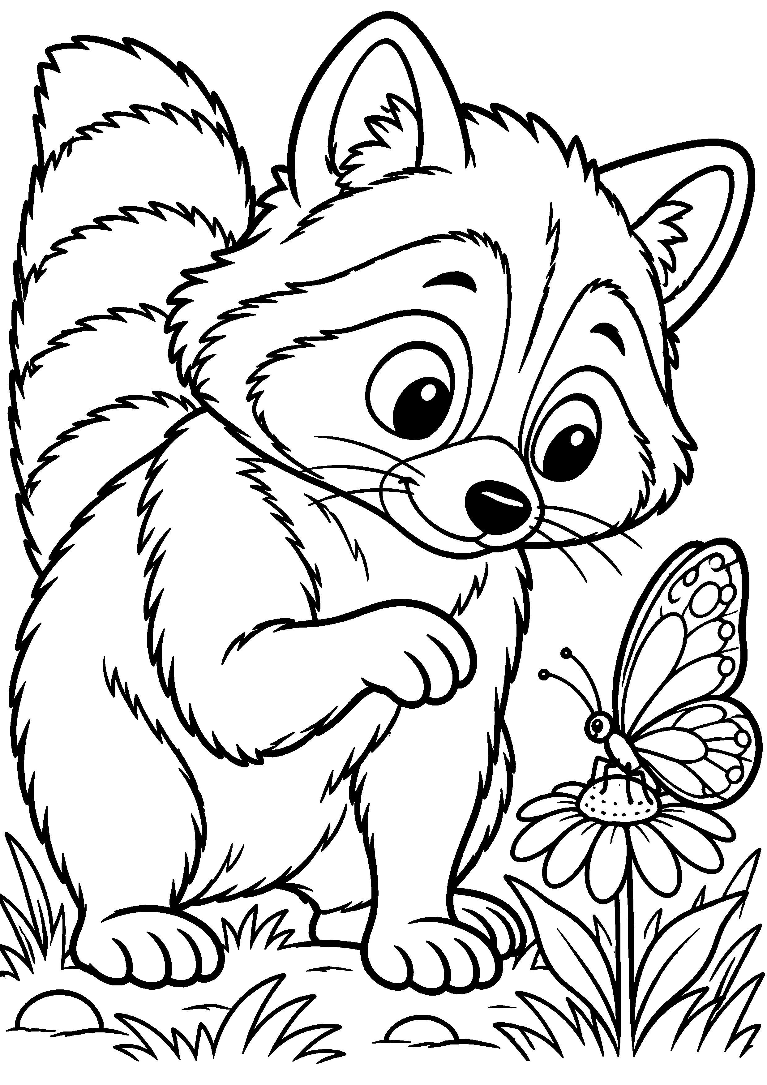Grand coloriage d’un raton laveur entouré de fleurs de printemps, contours noirs nets sur fond blanc