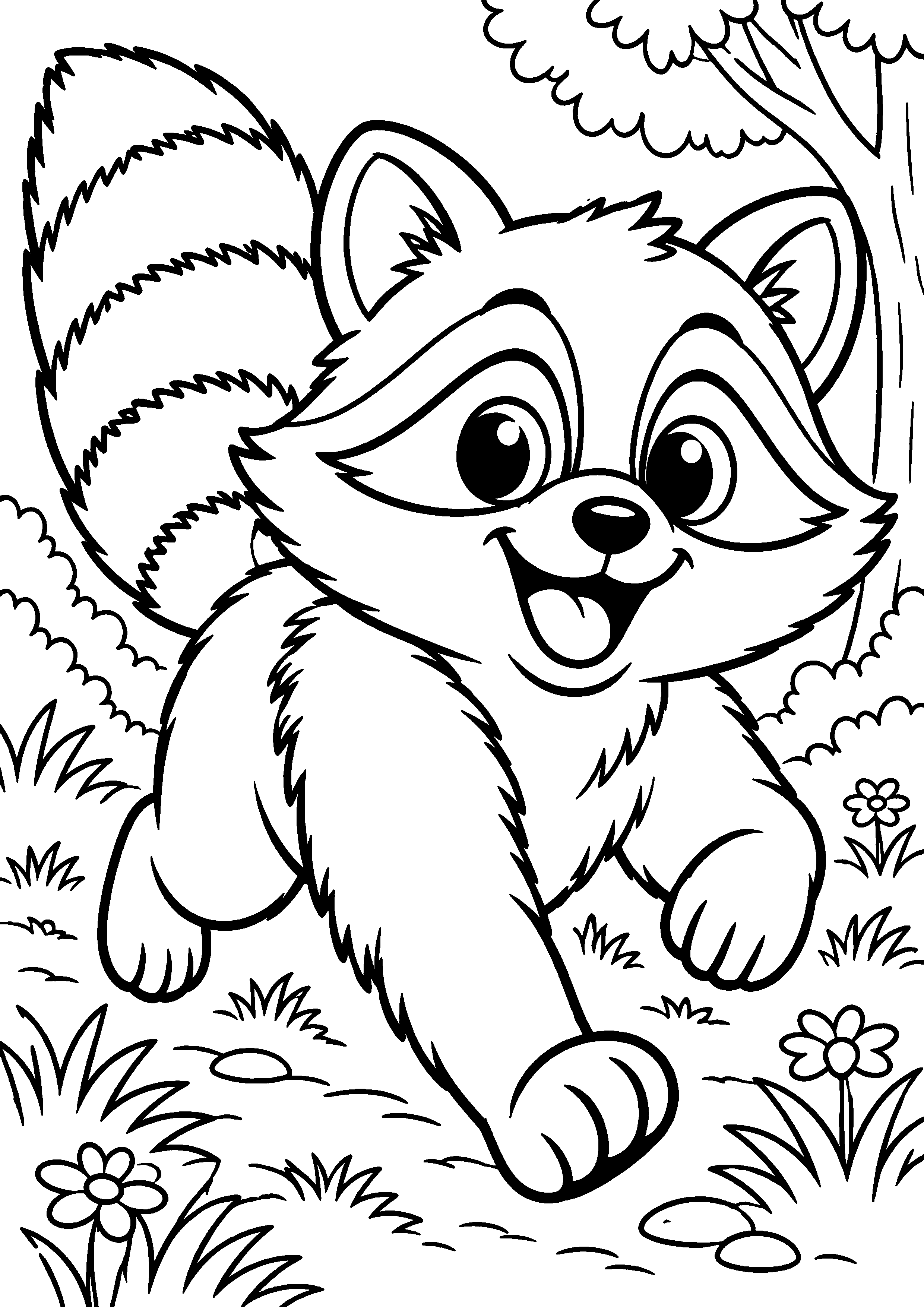 Grand coloriage d’un raton laveur dans une scène d’été naturelle, contours noirs nets sur fond blanc