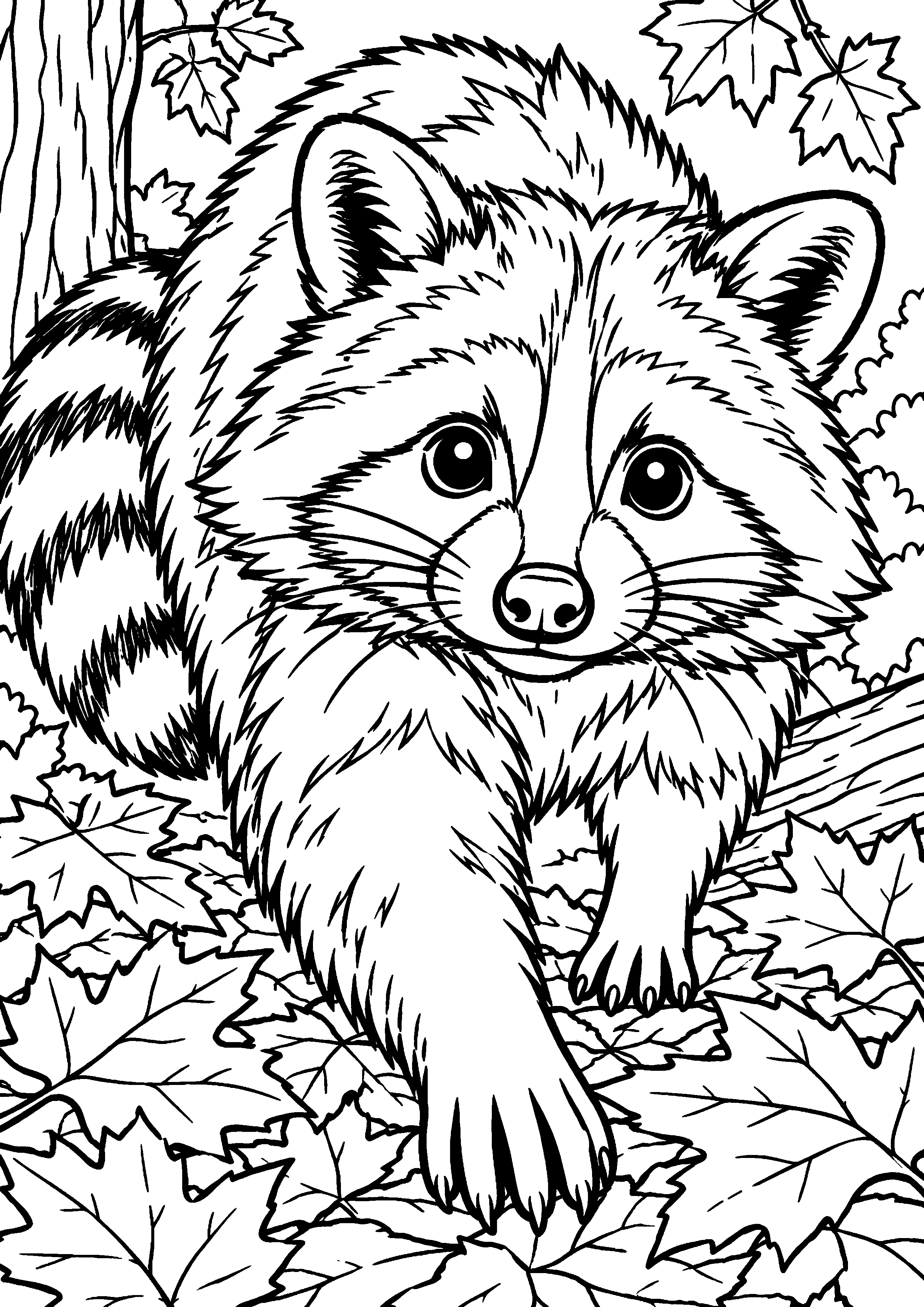 Grand coloriage d’un raton laveur traversant un tronc couché, contours noirs nets sur fond blanc