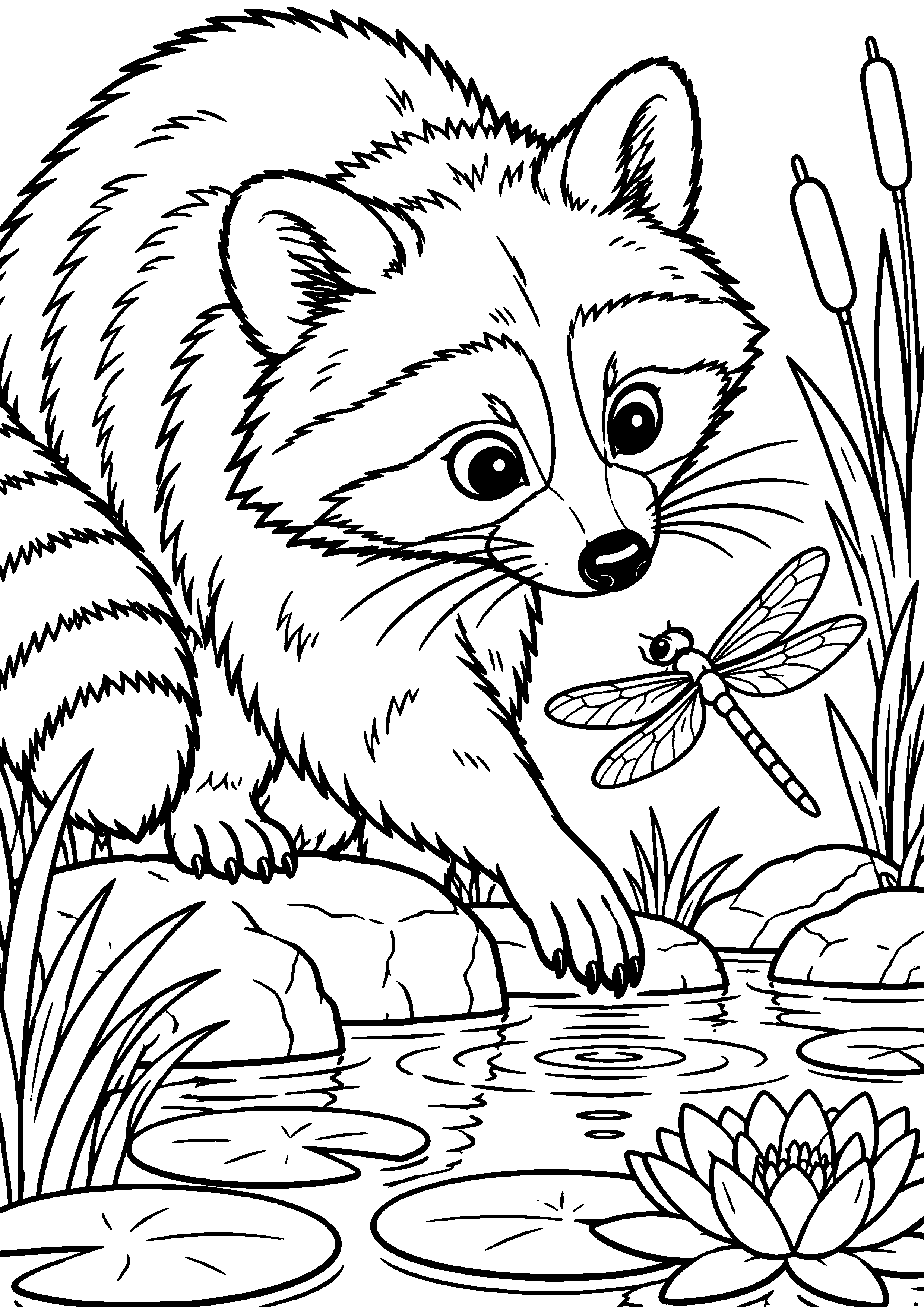 Grand coloriage d’un raton laveur levant la tête vers un oiseau, contours noirs nets sur fond blanc