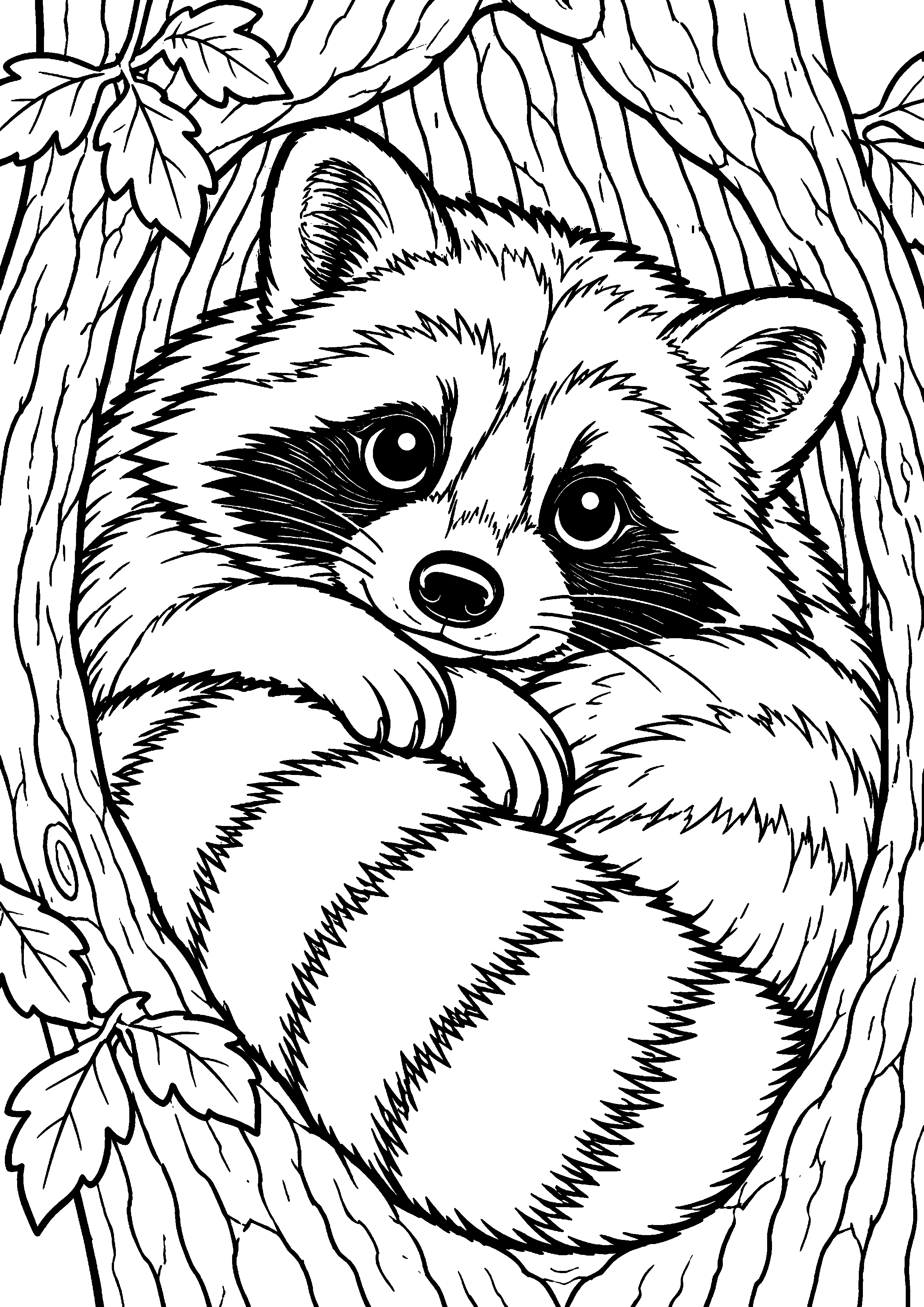 Grand coloriage d’un raton laveur faisant sa toilette, contours noirs nets sur fond blanc