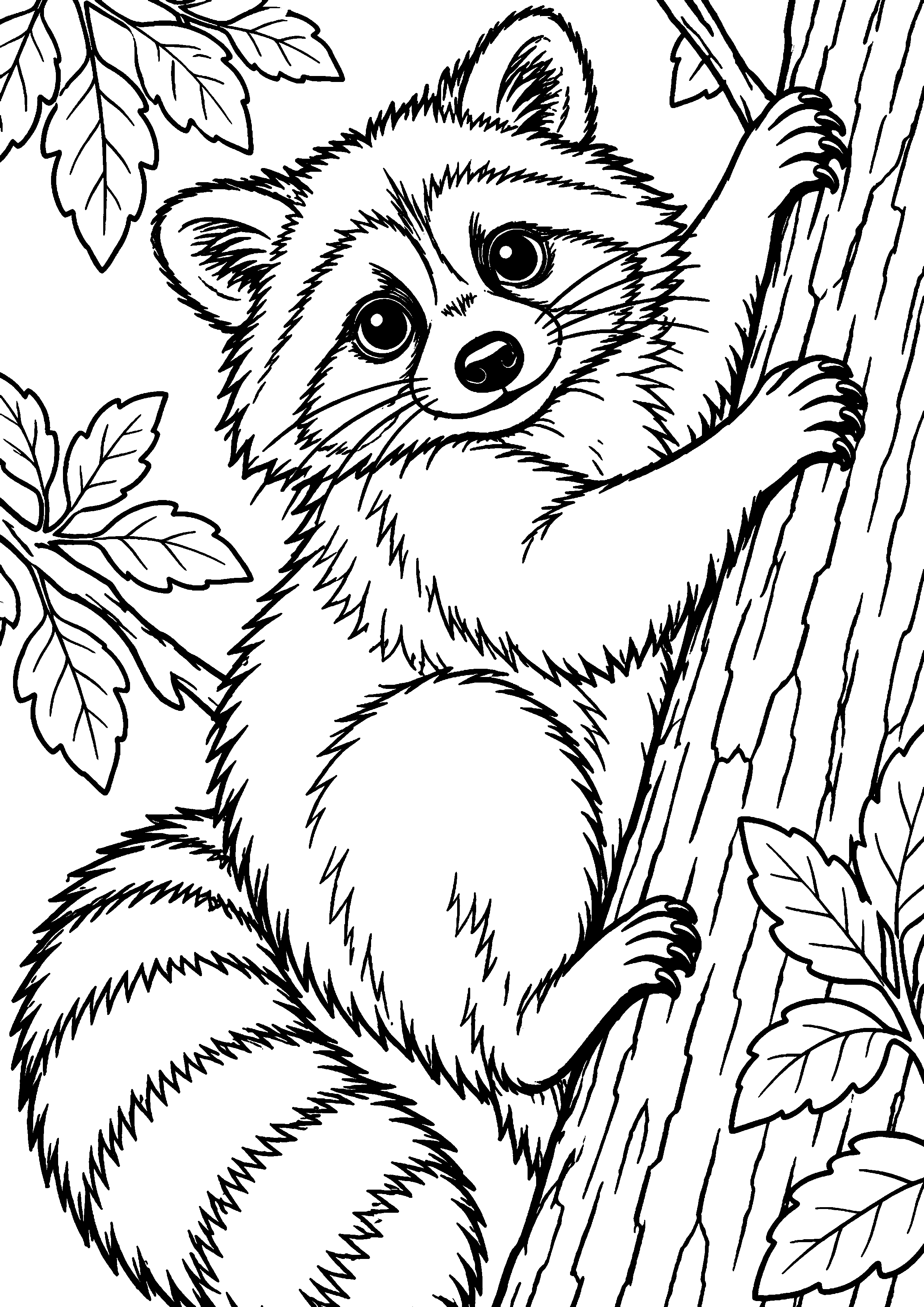Grand coloriage d’un raton laveur s’étirant au réveil, contours noirs nets sur fond blanc