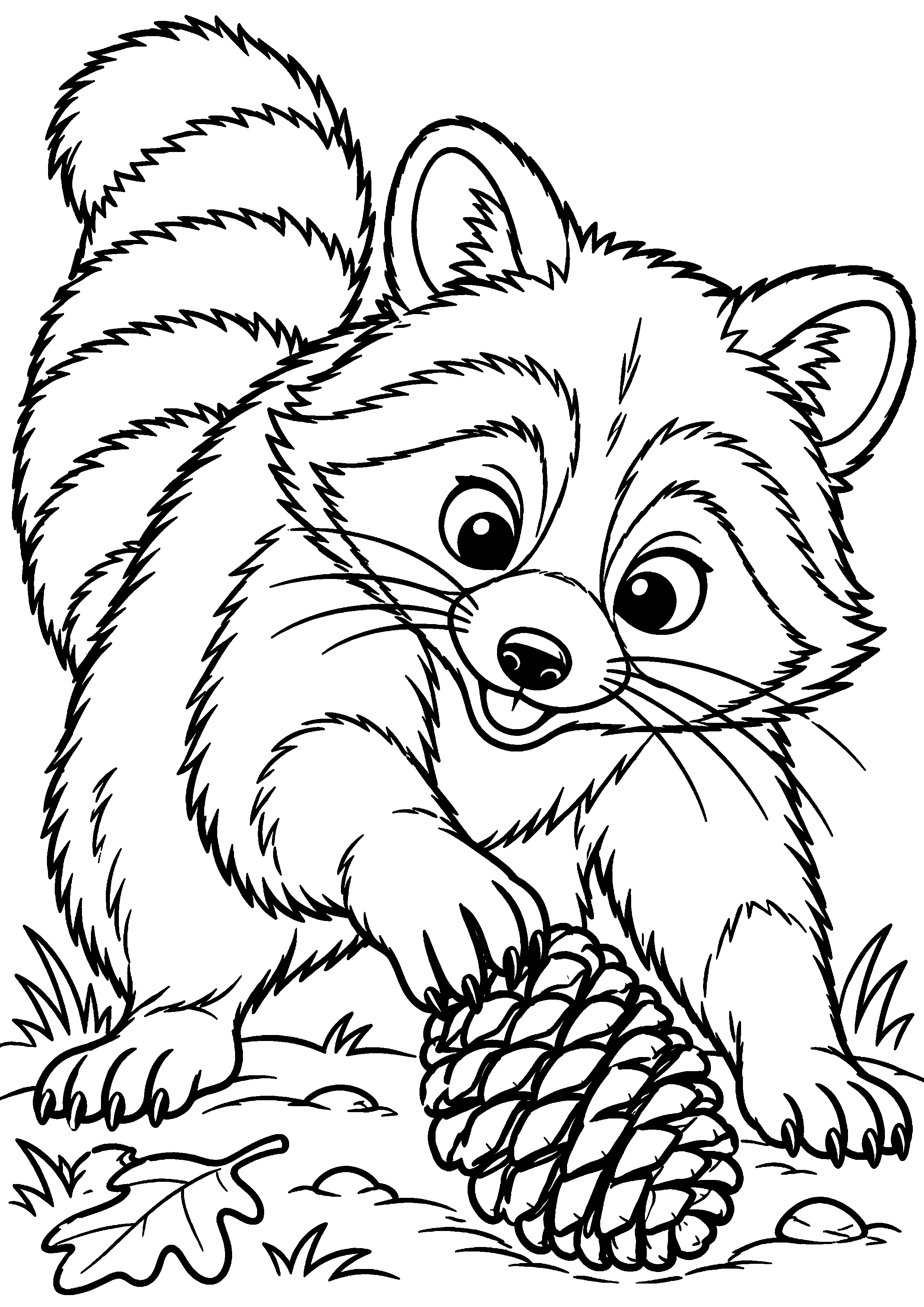 Grand coloriage d’un raton laveur roulé en boule pour dormir, contours noirs nets sur fond blanc