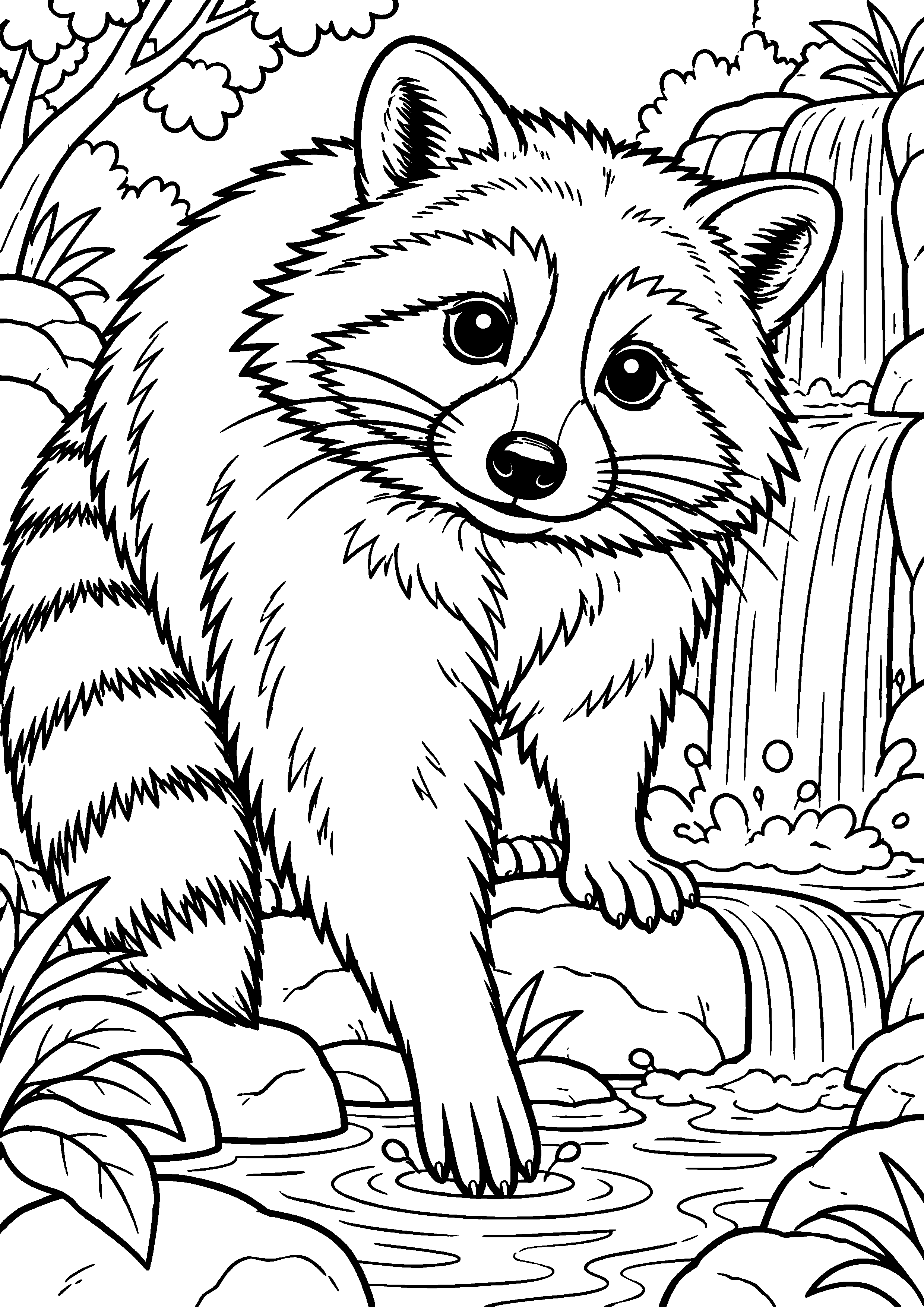 Grand coloriage d’un raton laveur dans une posture curieuse très expressive, contours noirs nets sur fond blanc