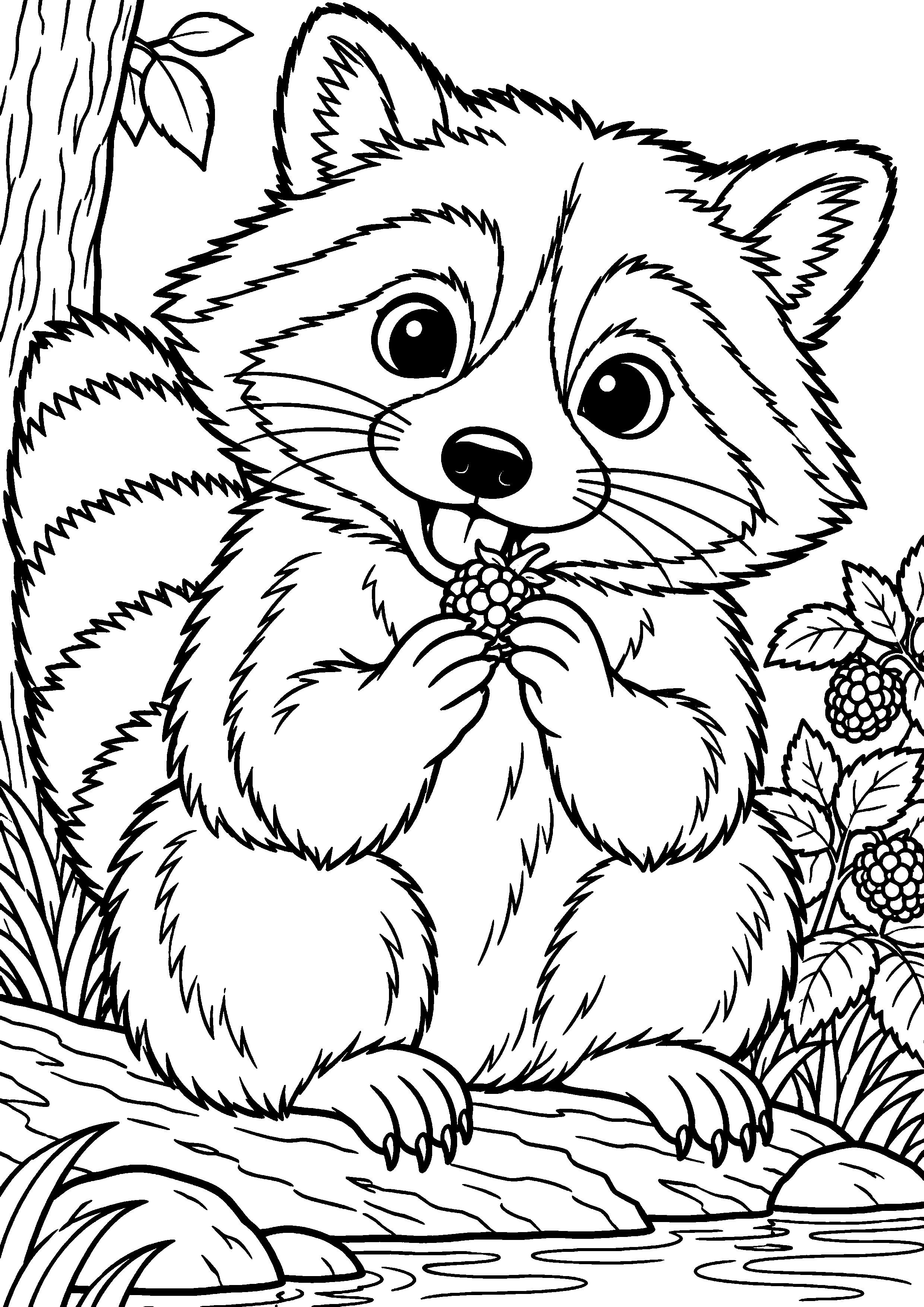 Grand coloriage d’un raton laveur en silhouette entière facile à colorier, contours noirs nets sur fond blanc