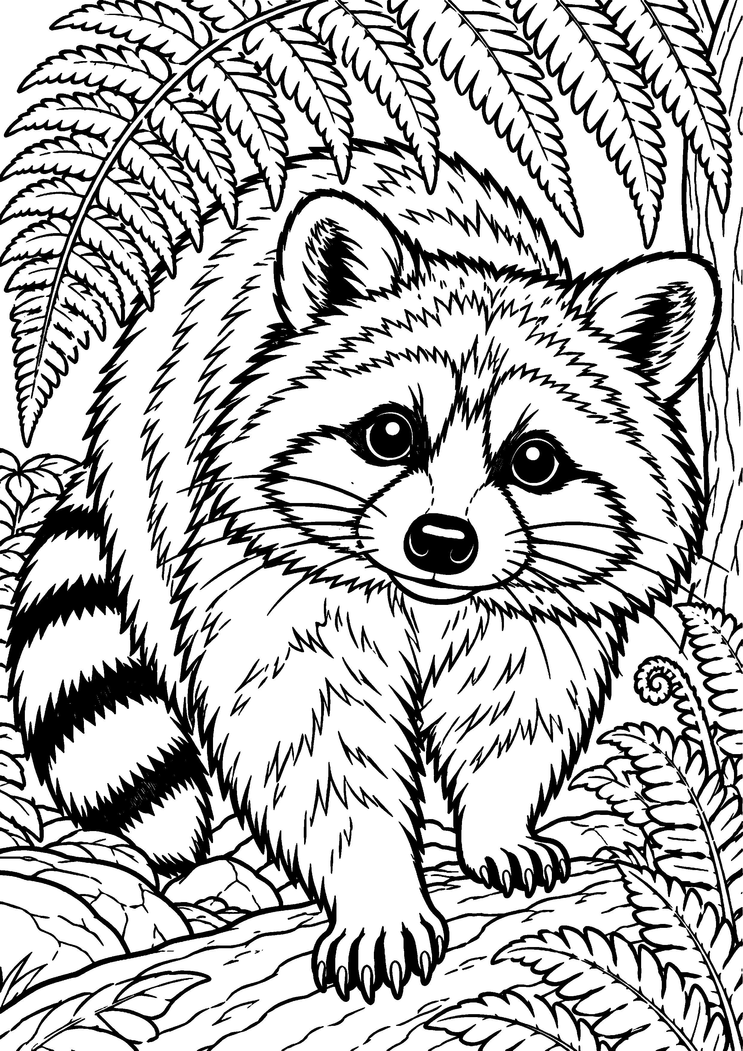 Grand coloriage d’un raton laveur en portrait facile pour la maternelle, contours noirs nets sur fond blanc