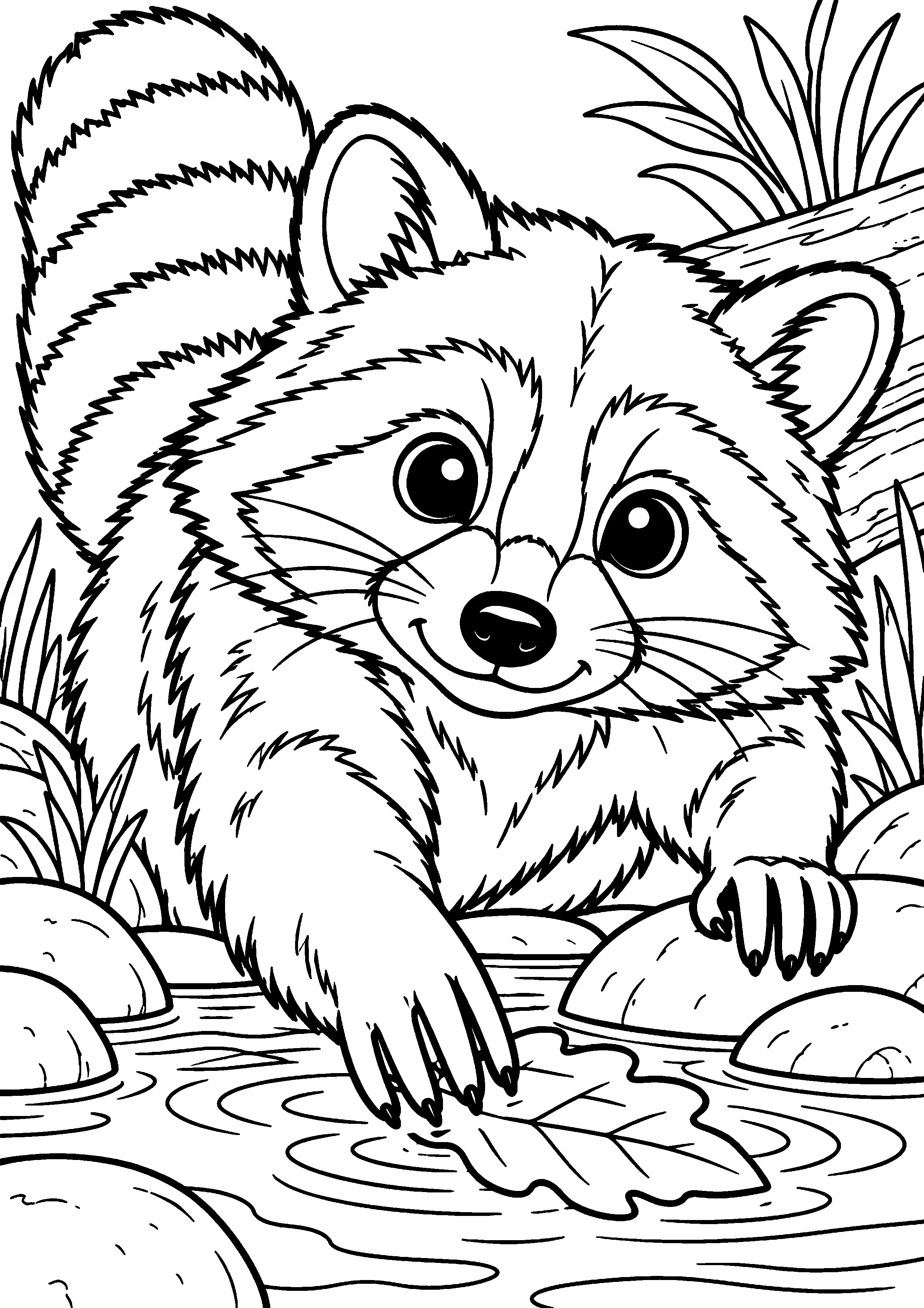Grand coloriage d’un raton laveur dans une végétation simple, contours noirs nets sur fond blanc