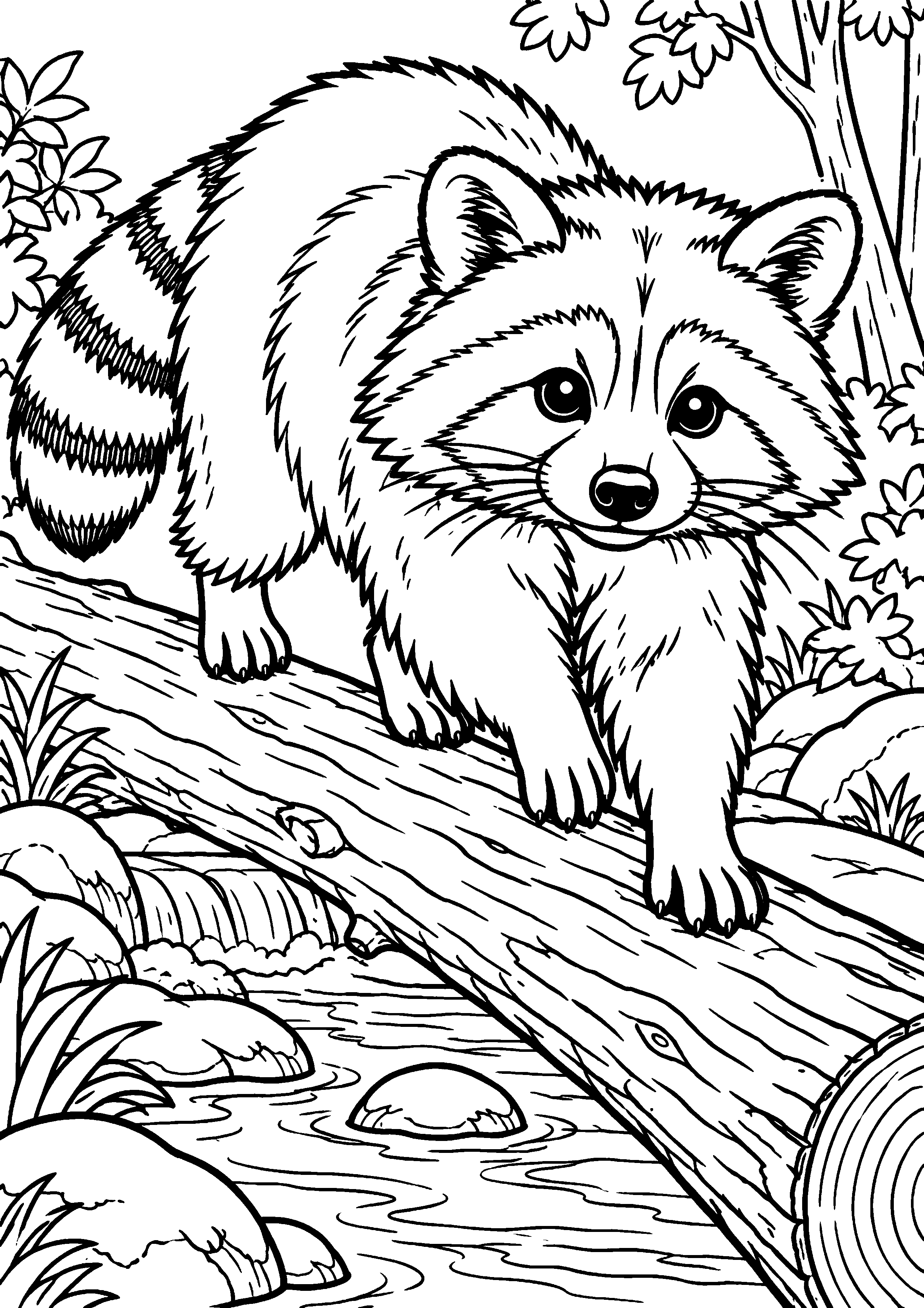 Grand coloriage d’un raton laveur dans son habitat naturel détaillé, contours noirs nets sur fond blanc