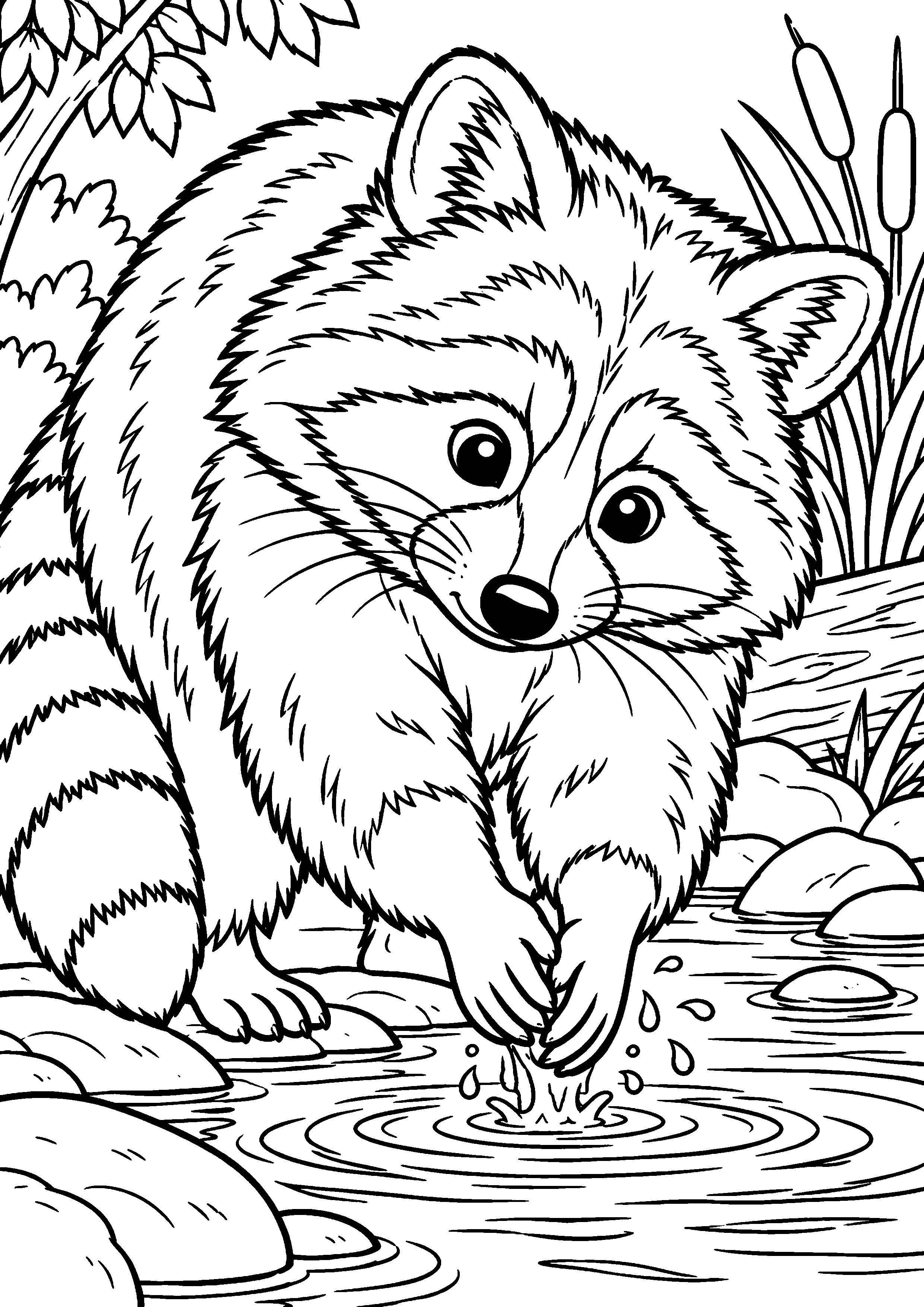 Grand coloriage d’un raton laveur en mouvement vu de trois quarts, contours noirs nets sur fond blanc