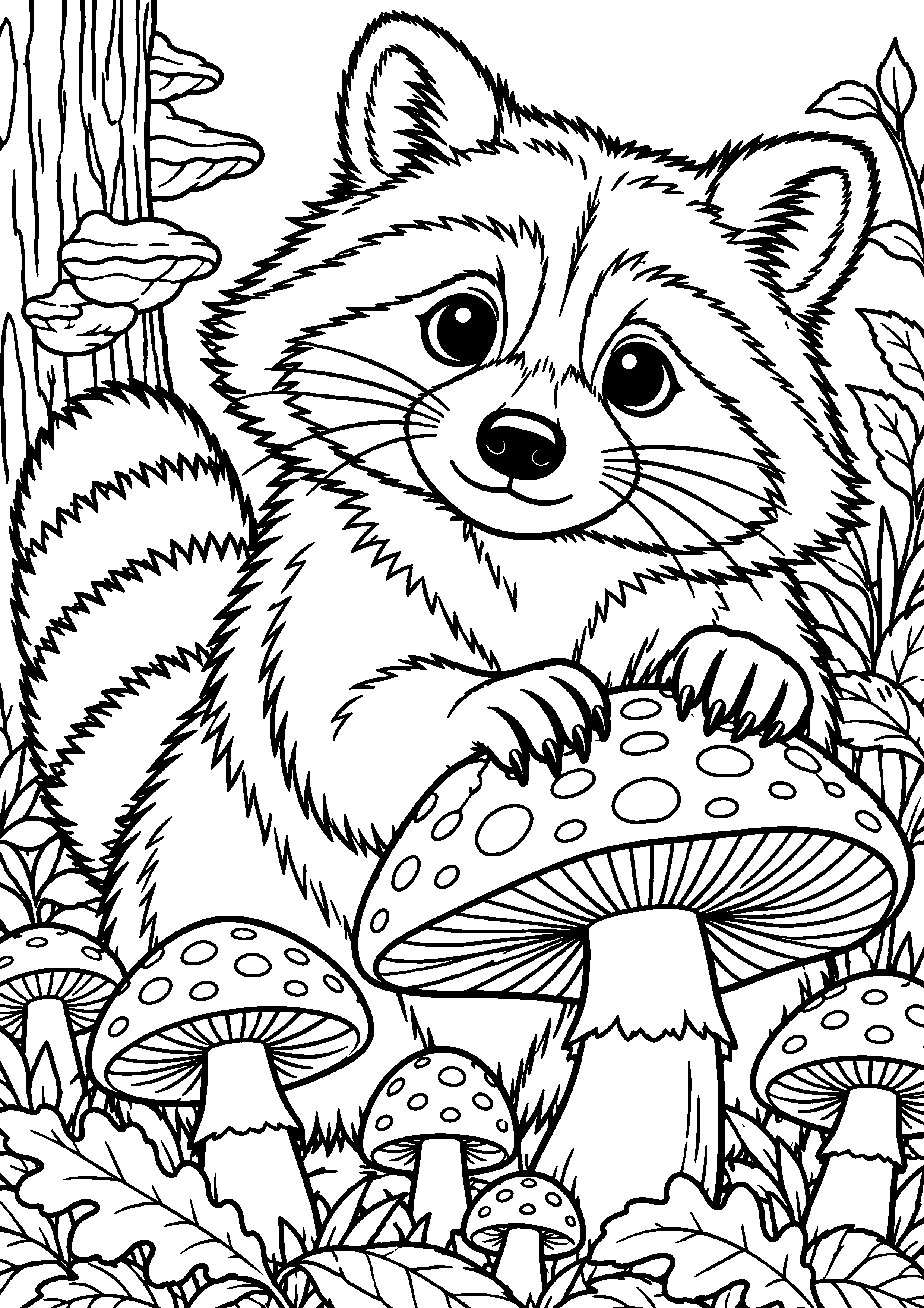 Grand coloriage d’un raton laveur vu légèrement d’en haut en plein cadre, contours noirs nets sur fond blanc