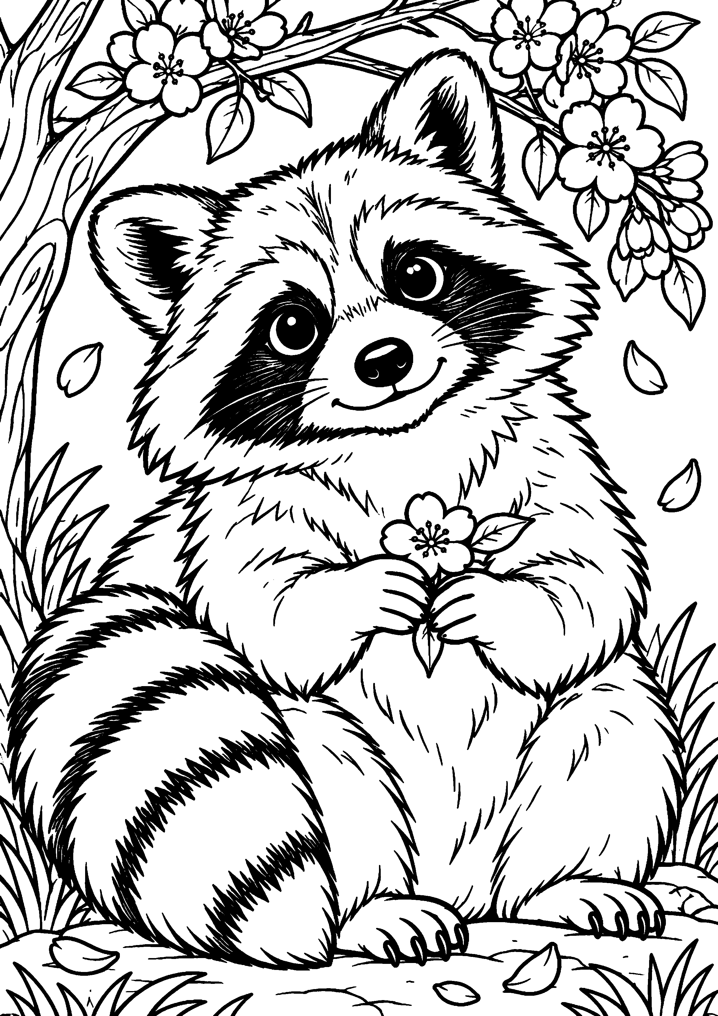 Grand coloriage d’un raton laveur interagissant avec un congénère, contours noirs nets sur fond blanc
