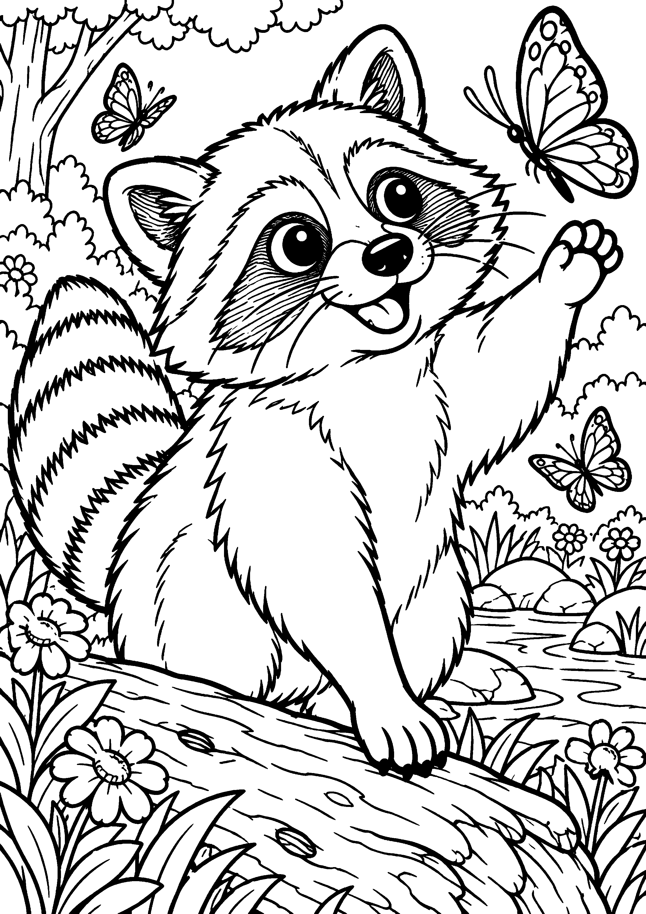 Grand coloriage d’un raton laveur avec deux petits qui jouent, contours noirs nets sur fond blanc
