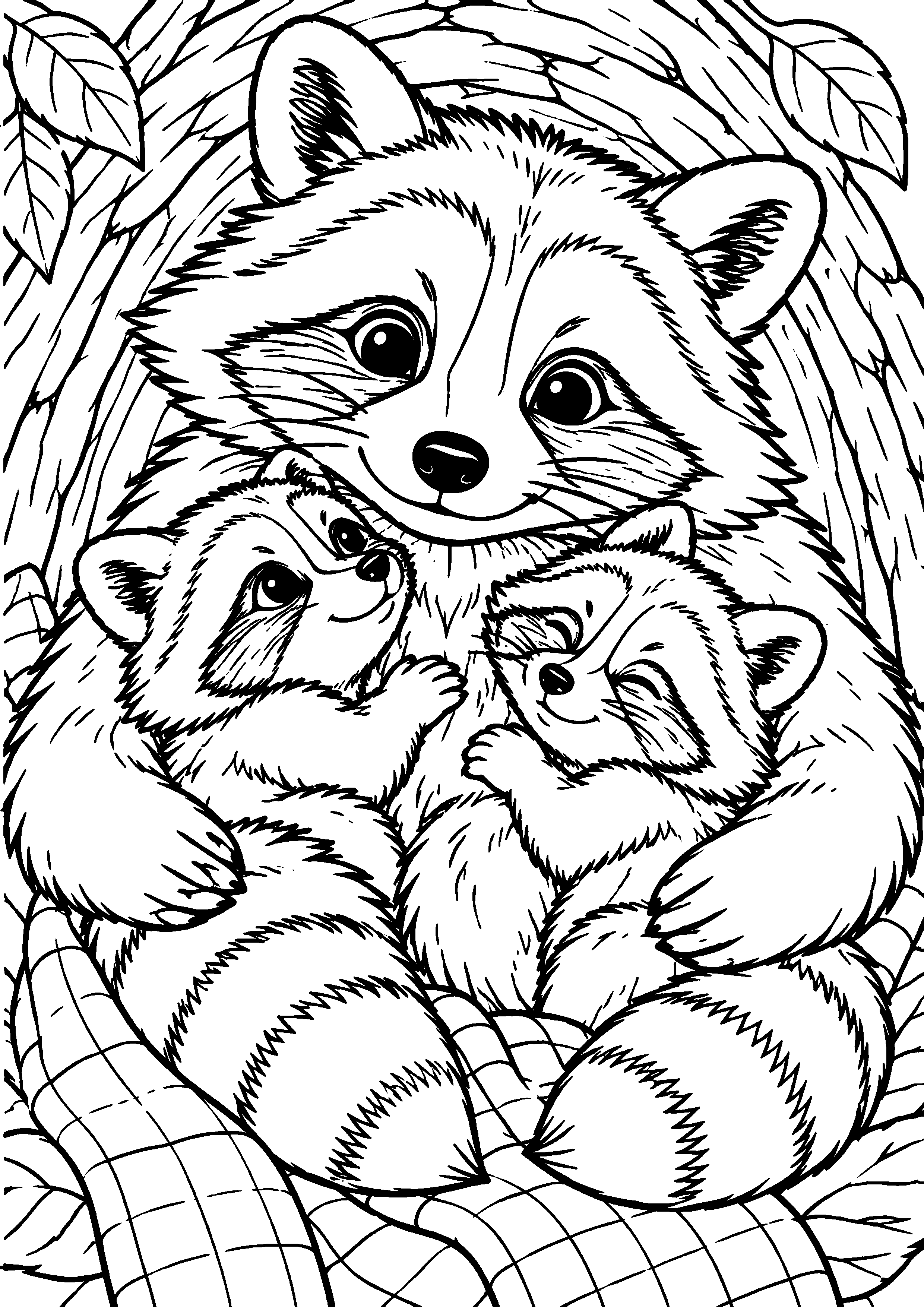Grand coloriage d’un raton laveur transportant un élément naturel, contours noirs nets sur fond blanc