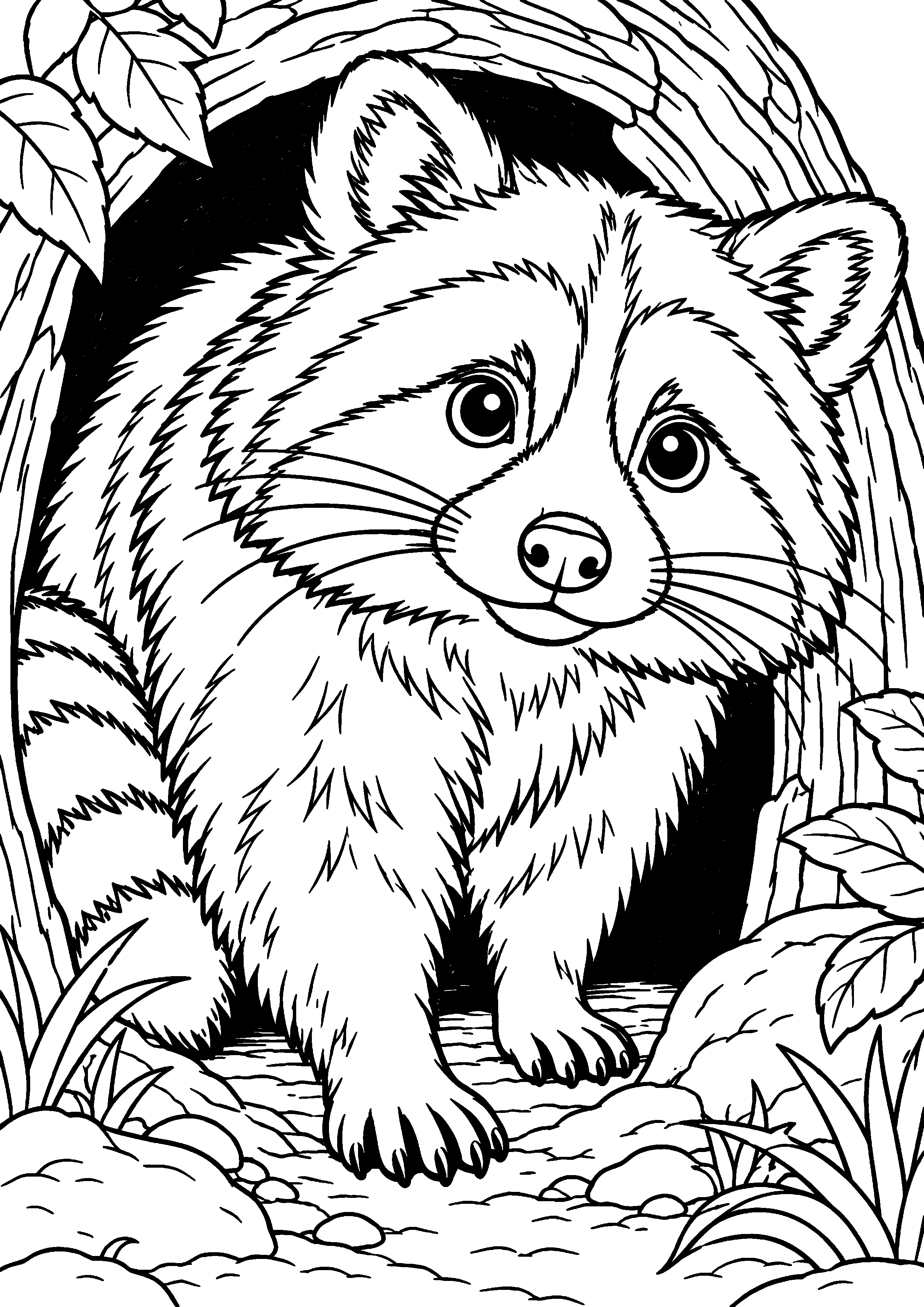 Grand coloriage d’un raton laveur écoutant un bruit dans son habitat, contours noirs nets sur fond blanc