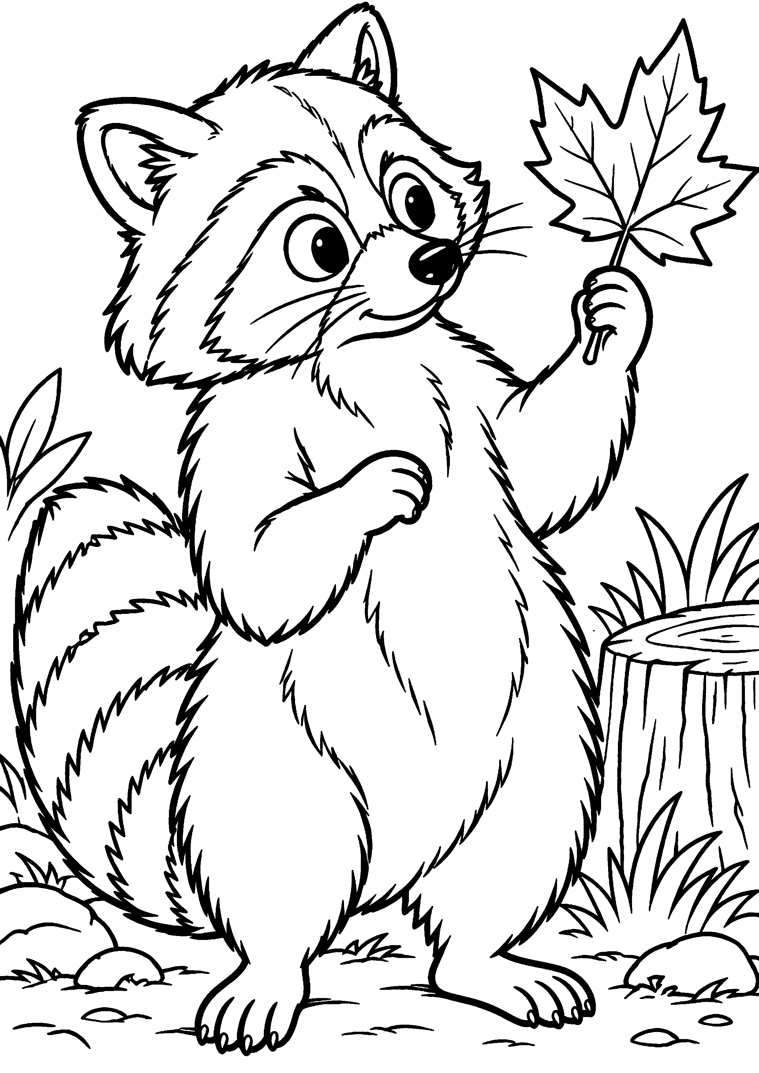 Grand coloriage d’un raton laveur devant un paysage naturel simplifié, contours noirs nets sur fond blanc