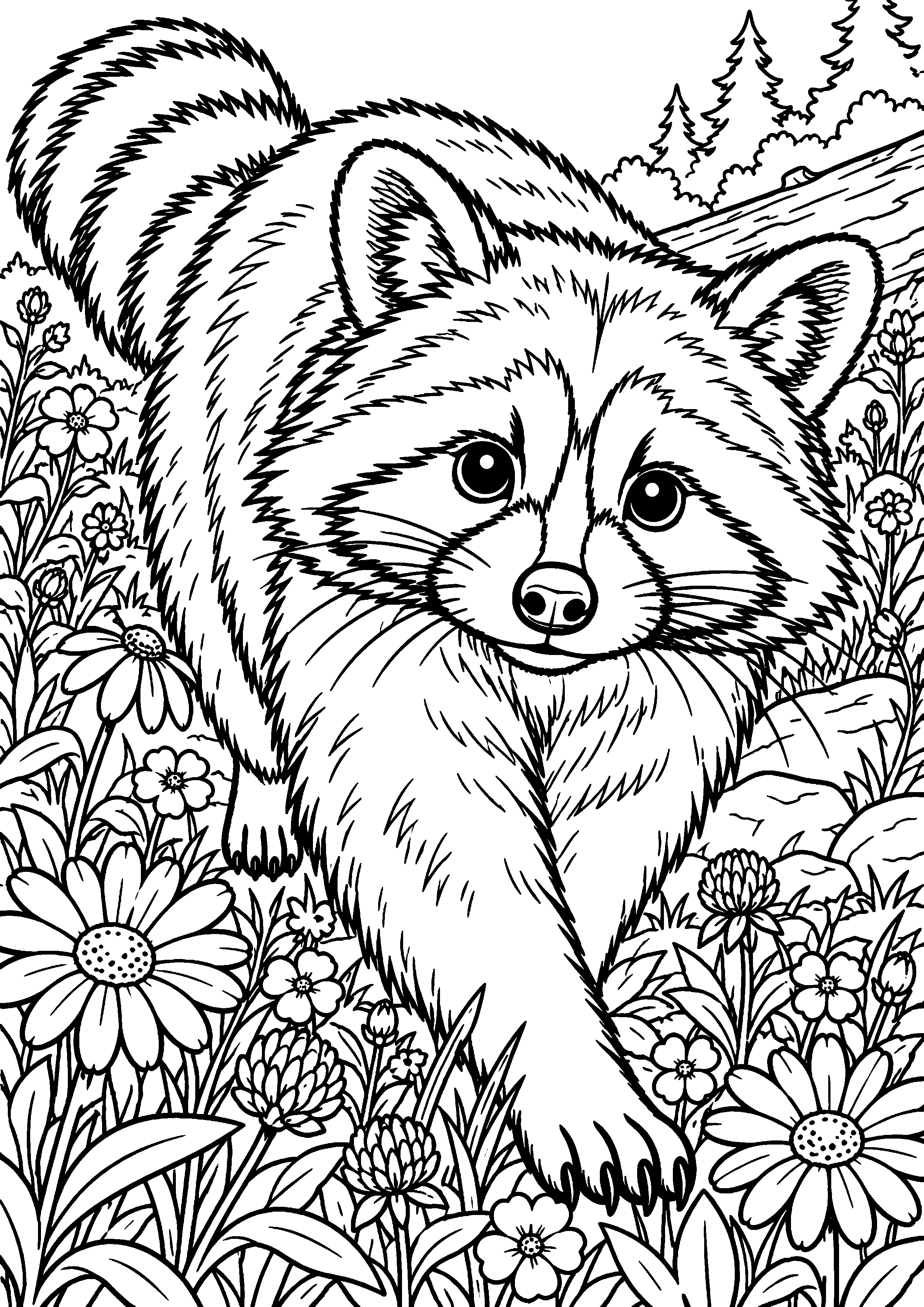 Grand coloriage d’un raton laveur dans une composition naturaliste détaillée, contours noirs nets sur fond blanc