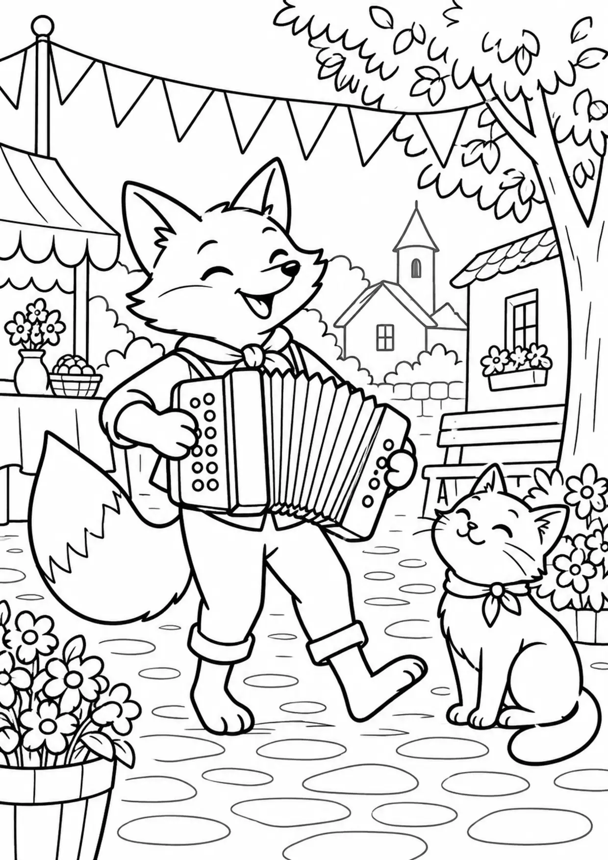Coloriage accordéon : renard fête à imprimer montrant renard fête, dessin noir et blanc