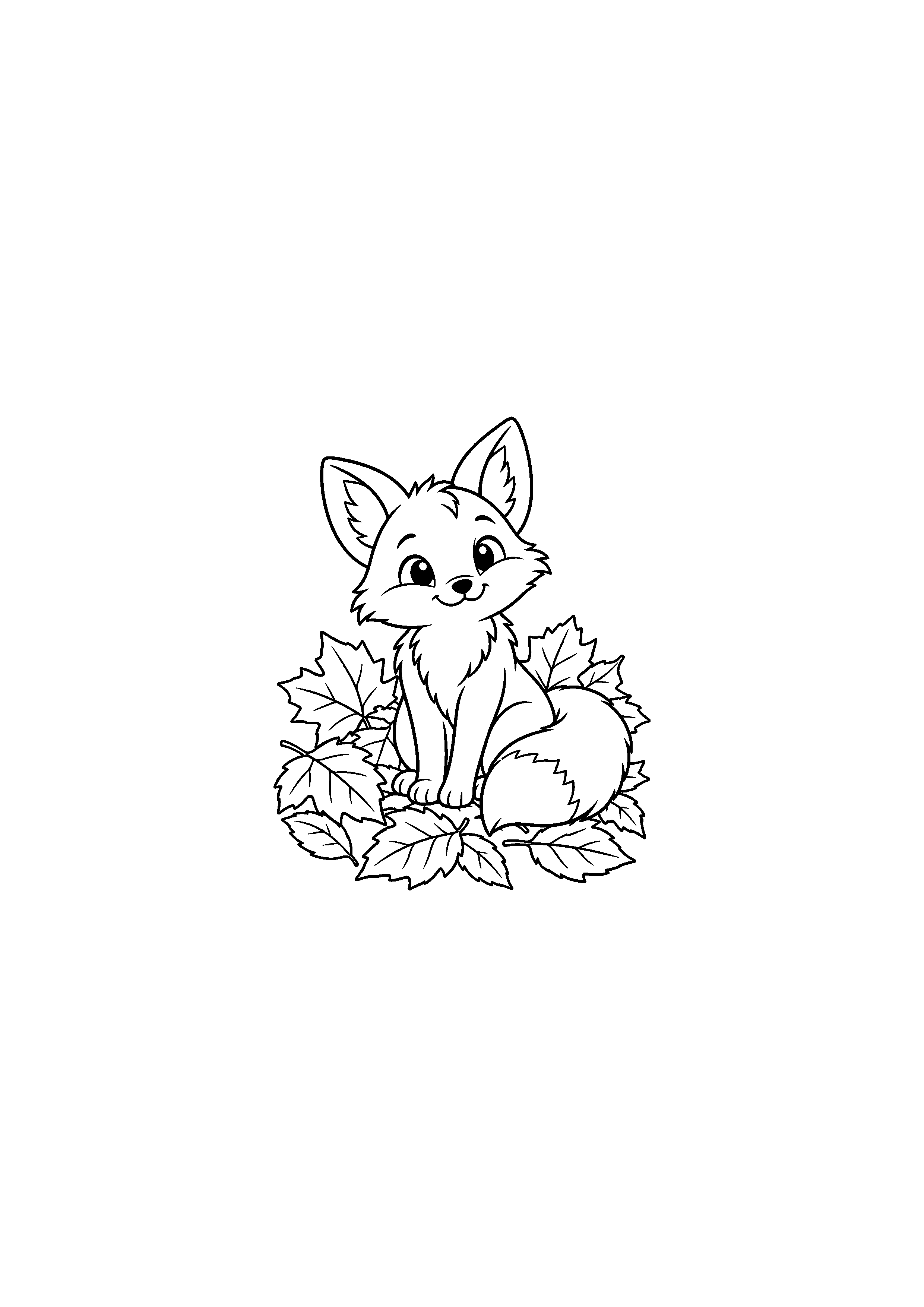 Coloriage renard assis dans un tas de feuilles d'automne à imprimer