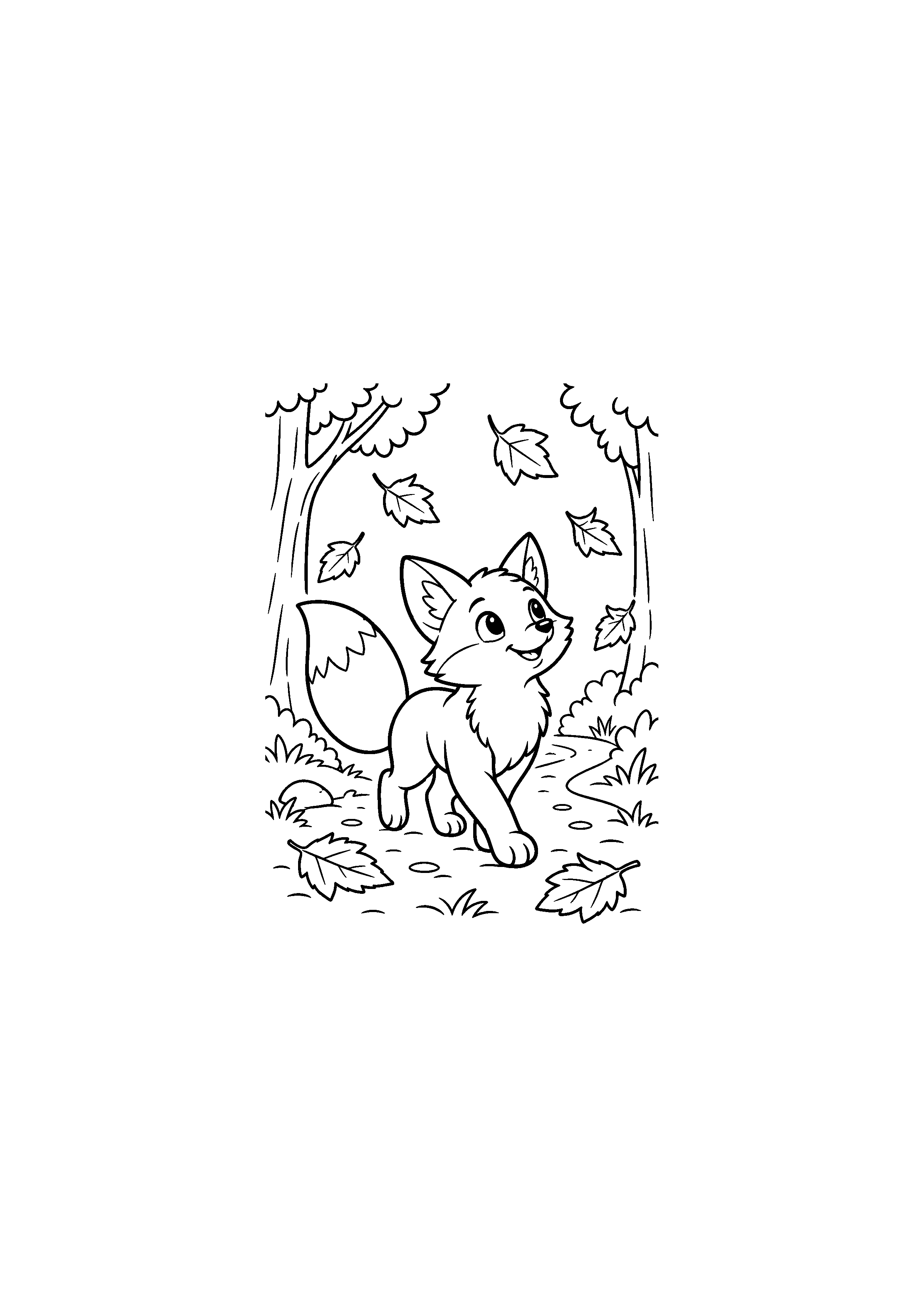 Coloriage renard marchant sur un chemin en forêt à imprimer