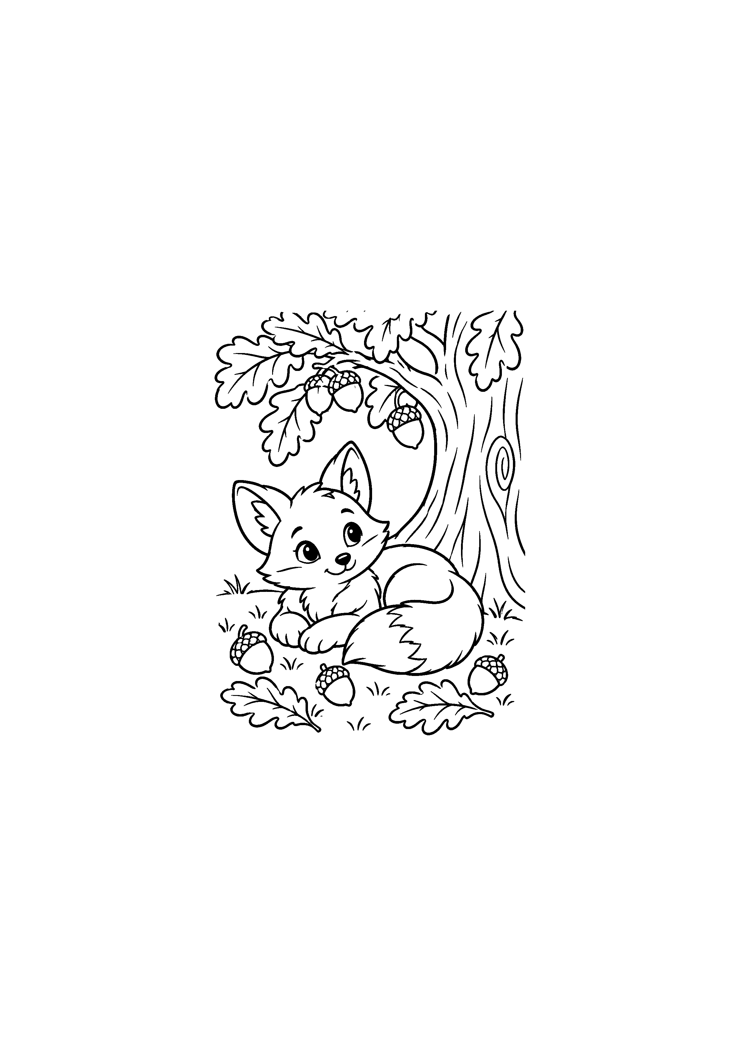 Coloriage renardeau reposant sous un chêne avec des glands à imprimer