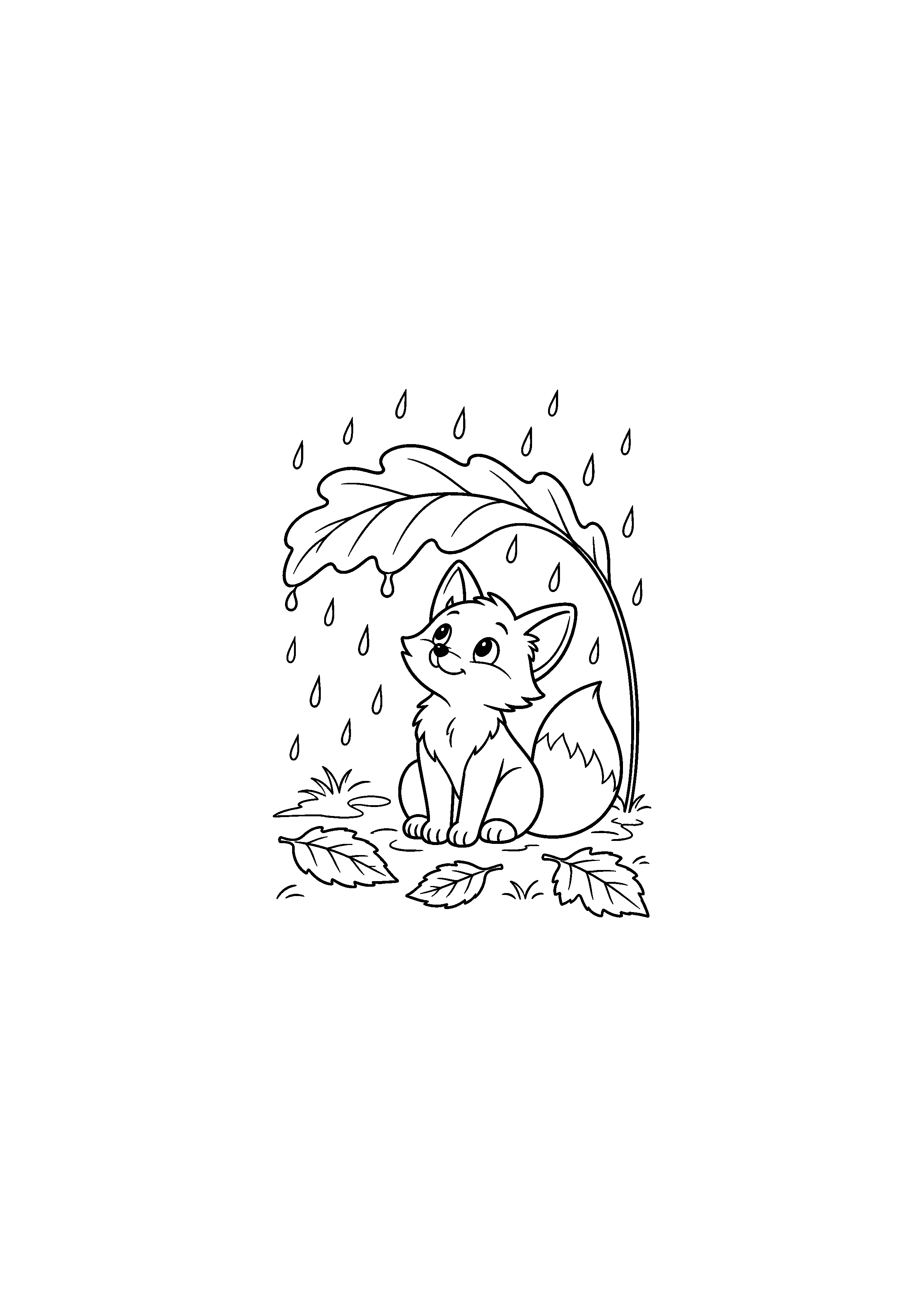 Coloriage renard abrité sous une feuille pendant la pluie à imprimer