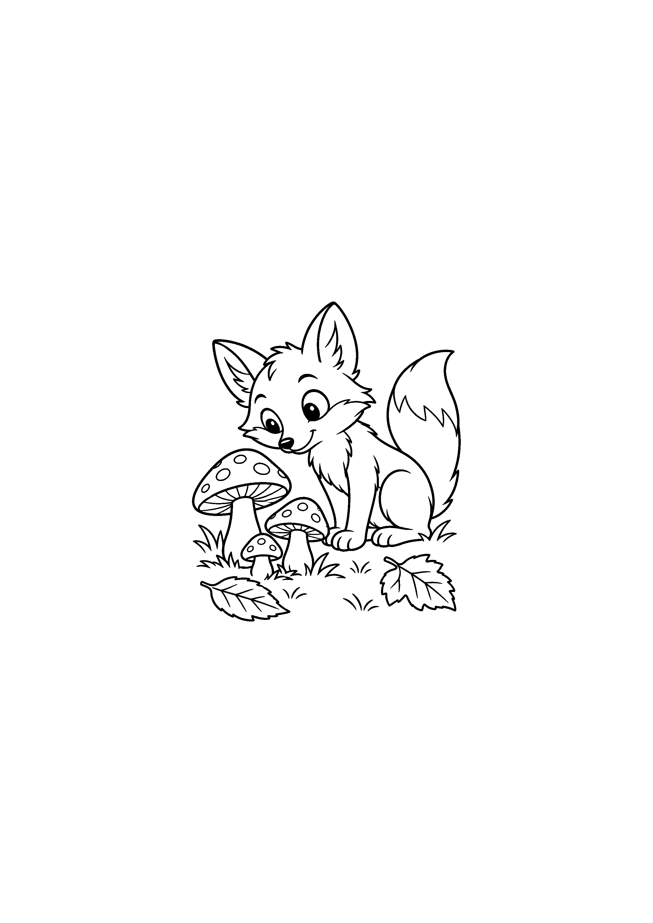 Coloriage renard curieux près de champignons en forêt à imprimer