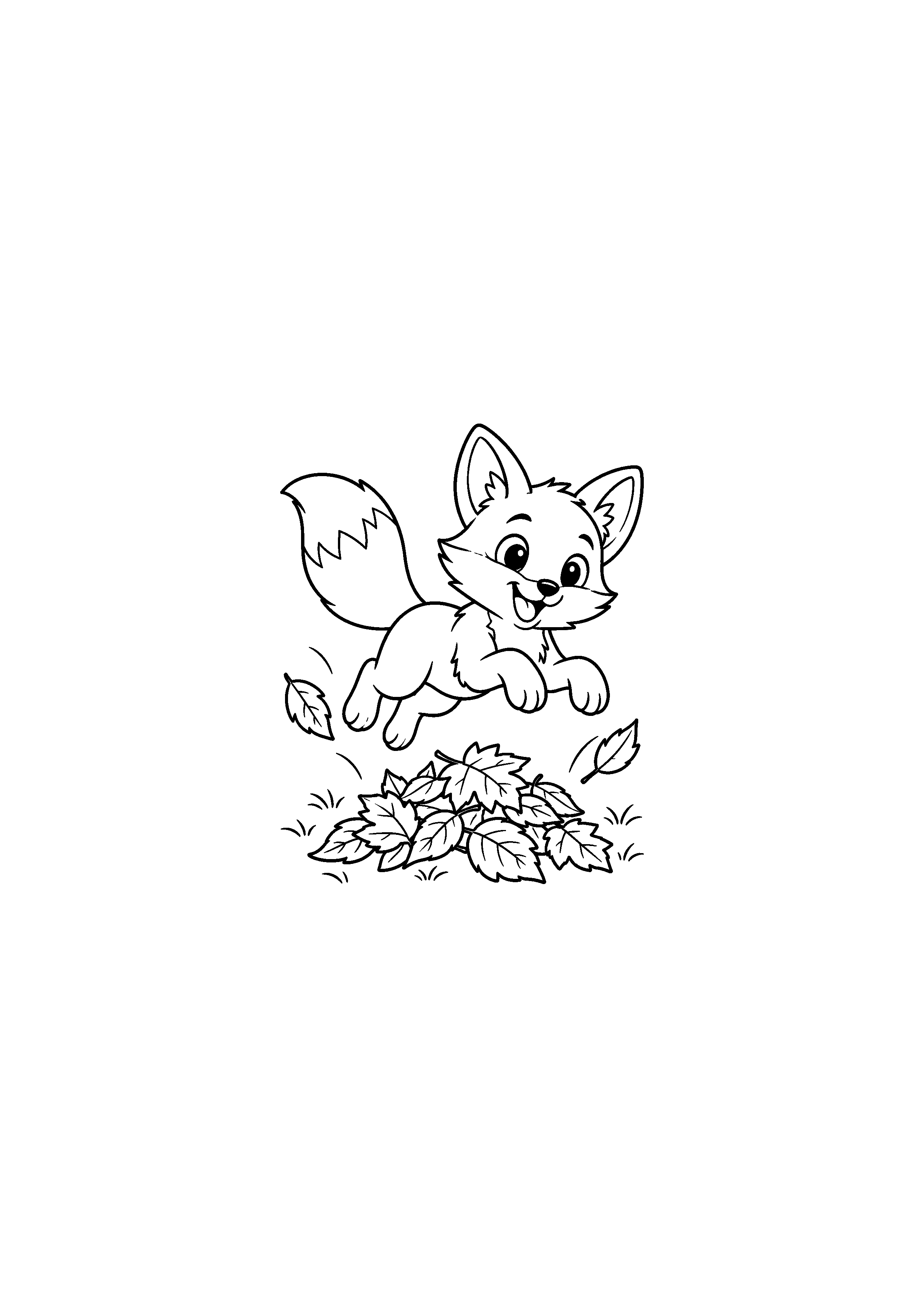 Coloriage renardeau sautant au-dessus d'un tas de feuilles à imprimer