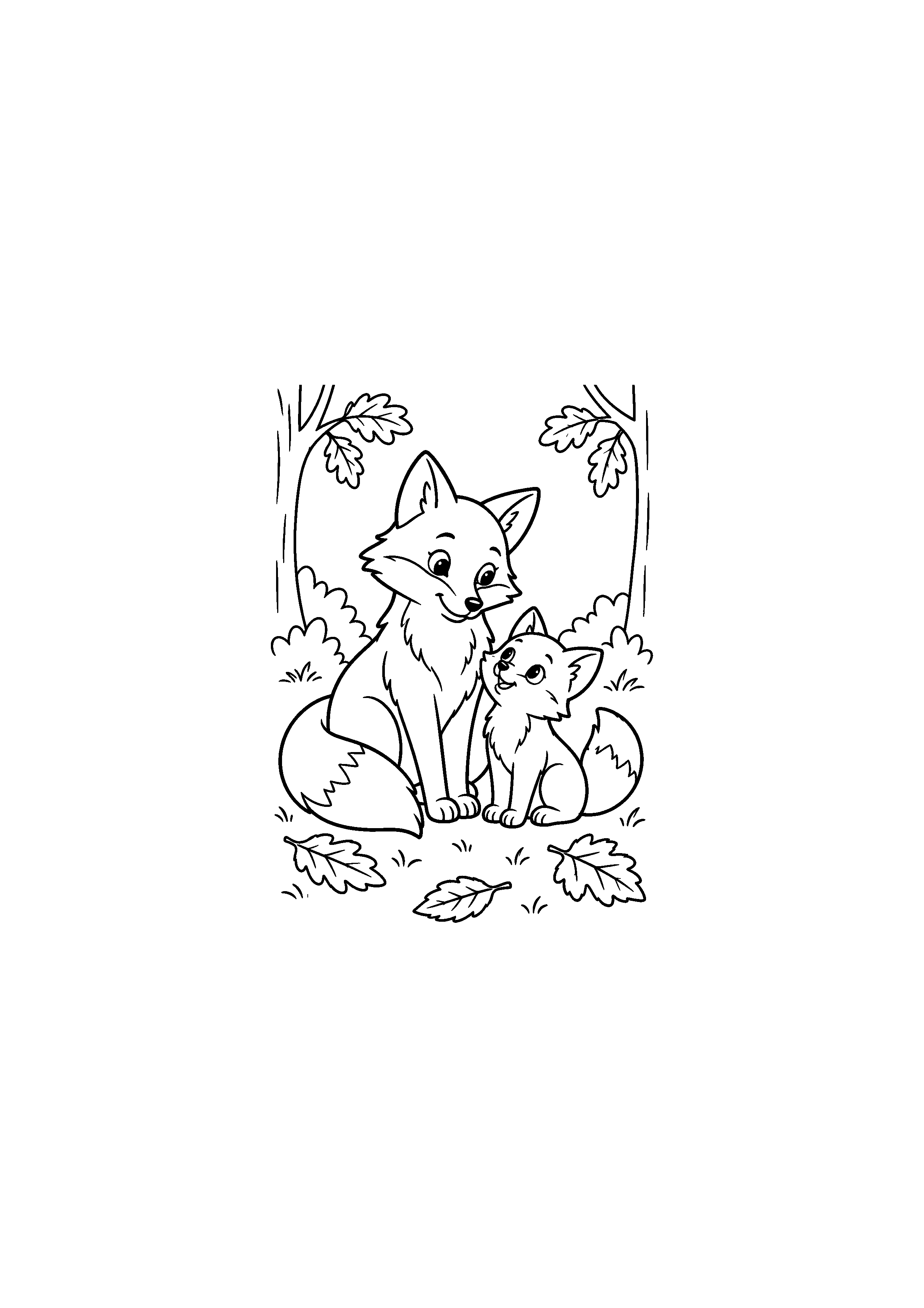 Coloriage renard et renardeau dans une clairière d'automne à imprimer