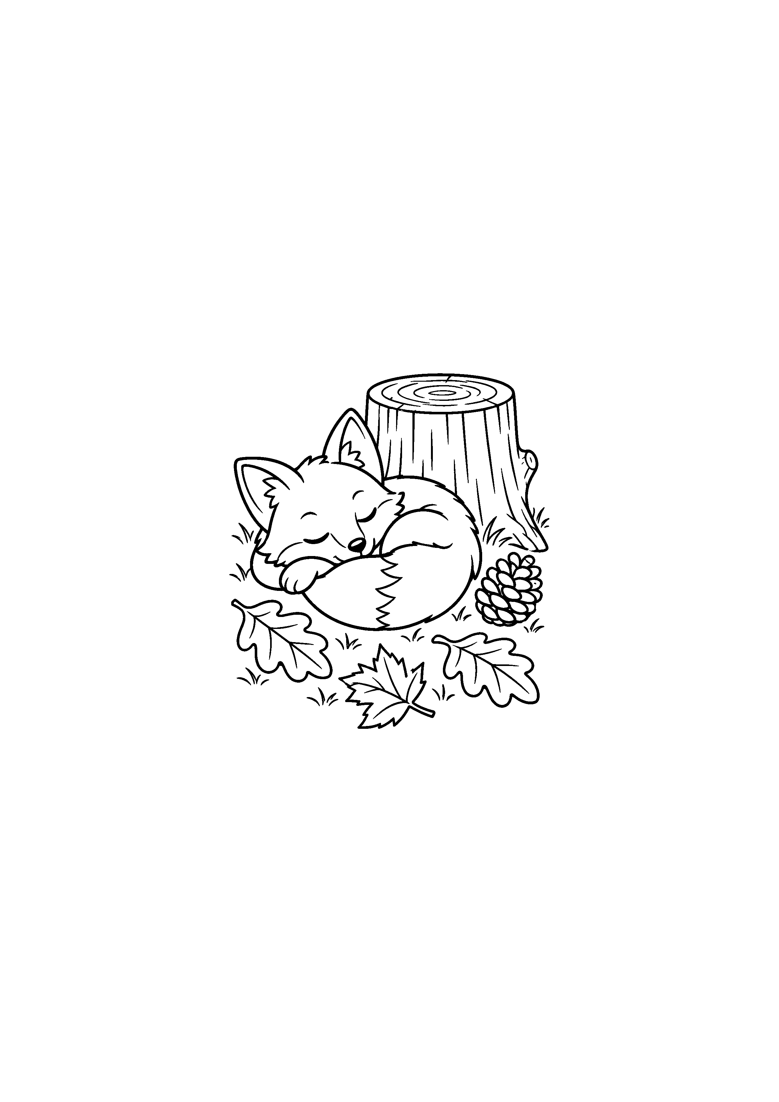 Coloriage renard endormi près d'une souche et d'une pomme de pin à imprimer